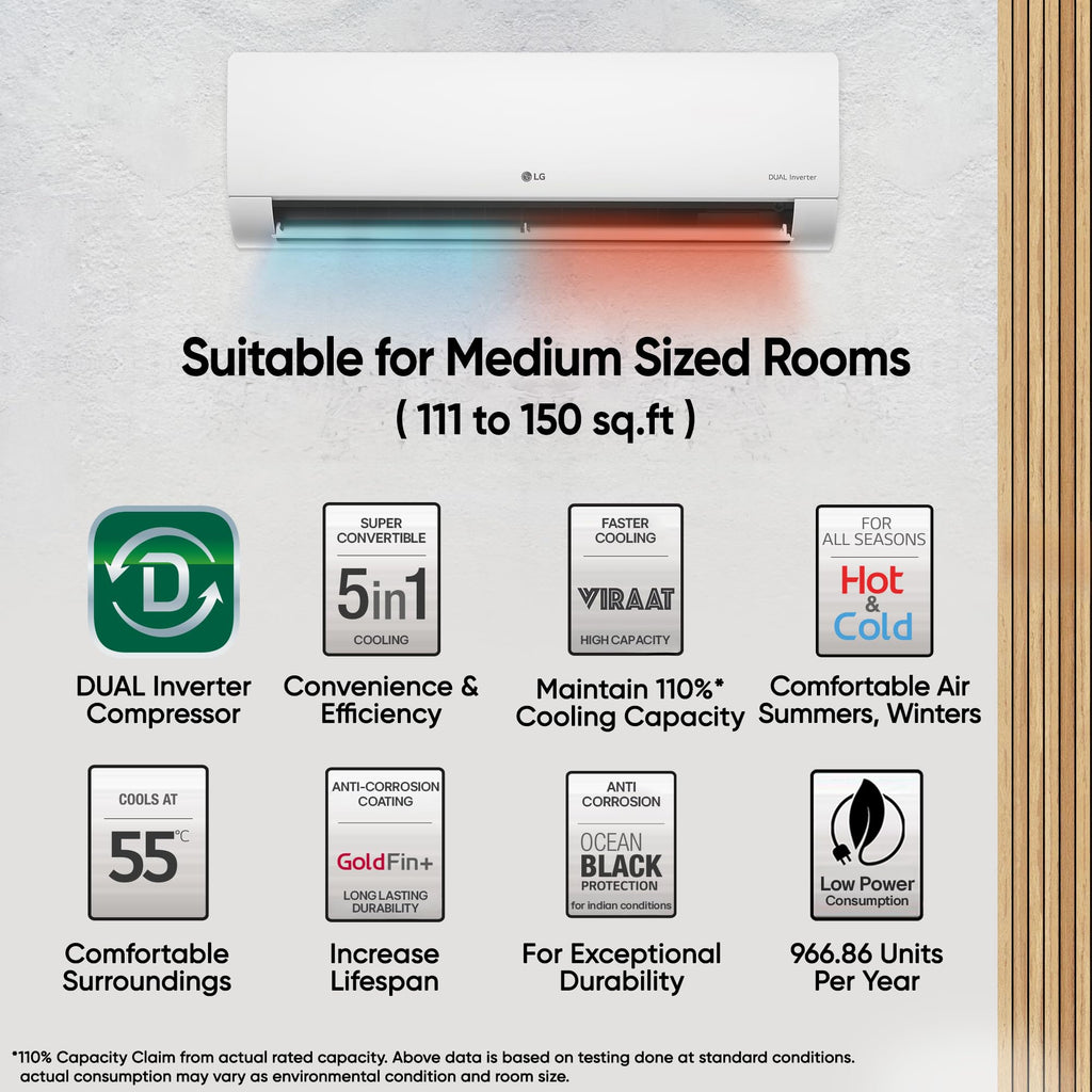 LG 1.5 Ton 3 Star, Hot & Cold AC for All Season, DUAL Inverter Split AC (Copper, Convertible 5-in-1, VIRAAT Mode, 4 Way Air Swing, HD Filter with Anti-Virus Protection, US-H19BNXE, White)