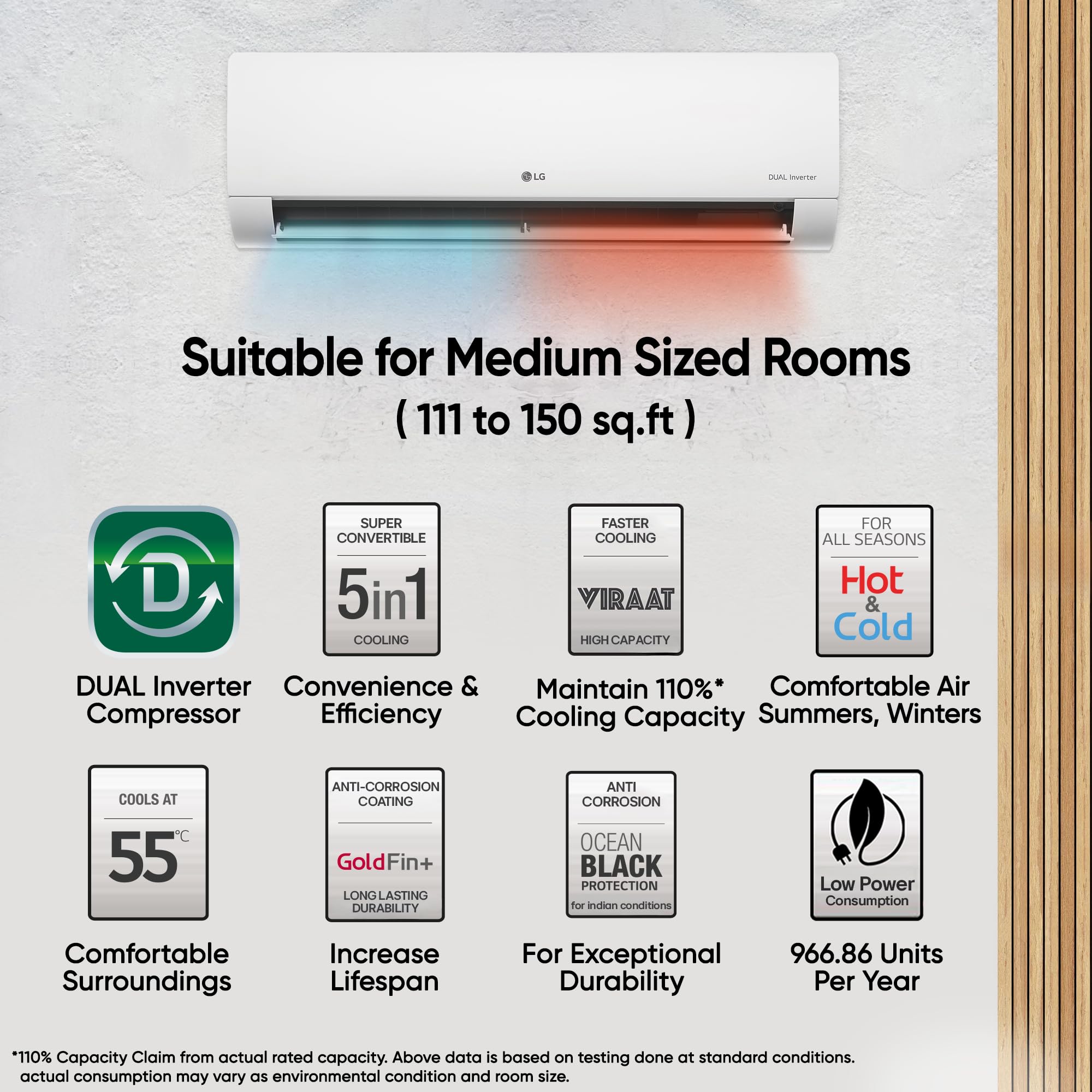 LG 1.5 Ton 3 Star, Hot & Cold AC for All Season, DUAL Inverter Split AC (Copper, Convertible 5-in-1, VIRAAT Mode, 4 Way Air Swing, HD Filter with Anti-Virus Protection, US-H19BNXE, White)
