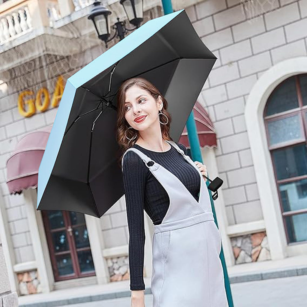 REXERA UV Travel Mini Folding Ultra Compact pastel Umbrella with Case, Manual Open 6 Ribs Lightweight Portable, Small Sun & Rain Pocket Umbrella for Men and Women- Use in Rain & Summer (Skyblue)