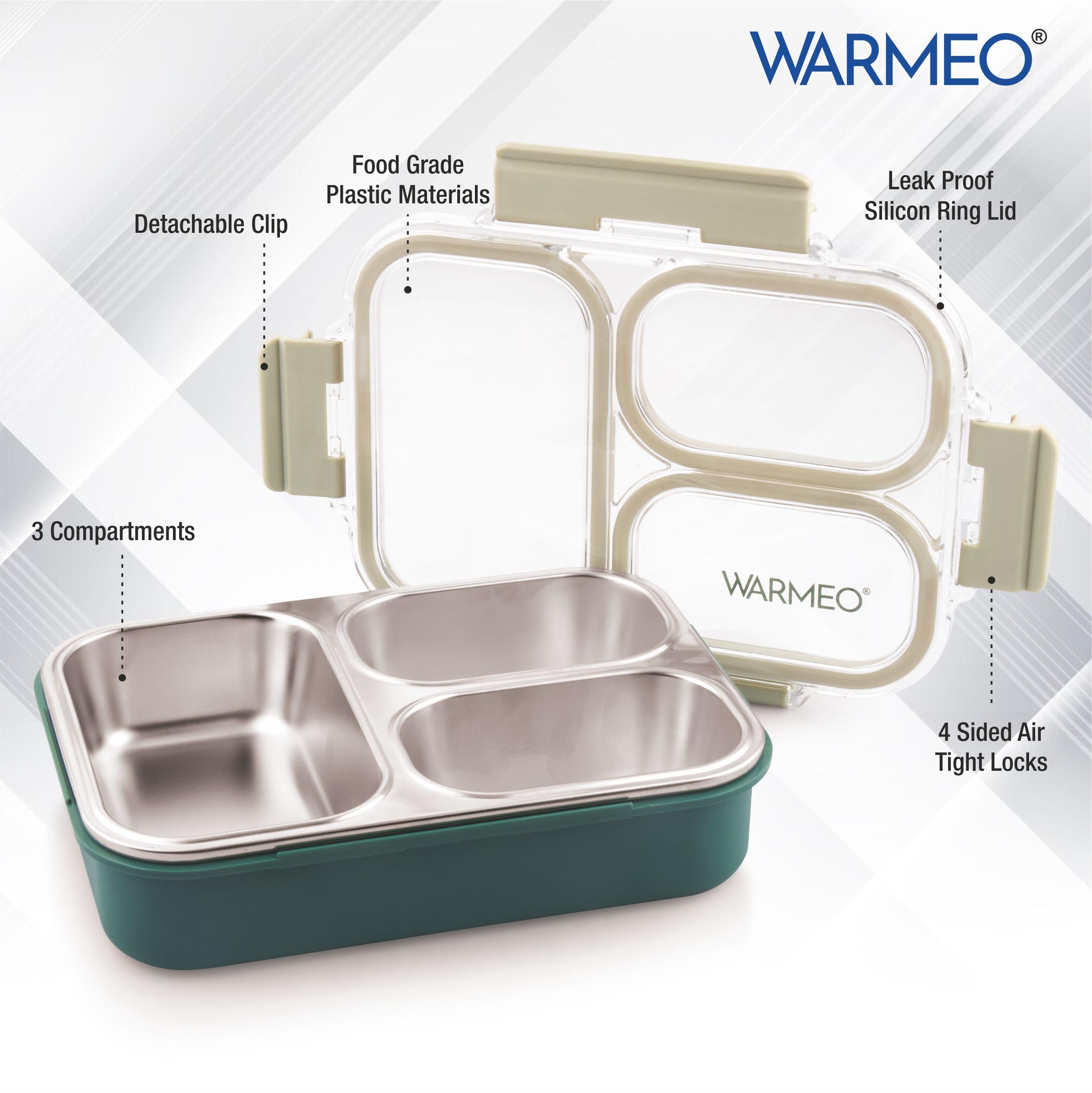 WARMEO BENTO Microwave-Safe Stainless Steel Lunchbox with 3 compartments,bpa Free,Perfect for Office, School, Travelling, 750ml-Green