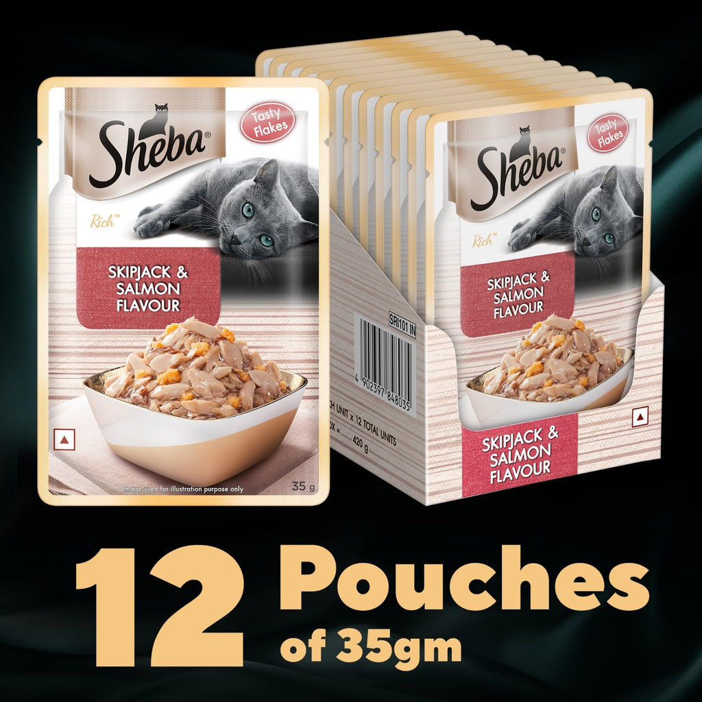 Sheba Rich Premium Adult (1+ Years) Wet Cat Food, Skipjack & Salmon Flavour, 35 g Pouch (Pack of 12), High-moisture wet food for healthy hydration