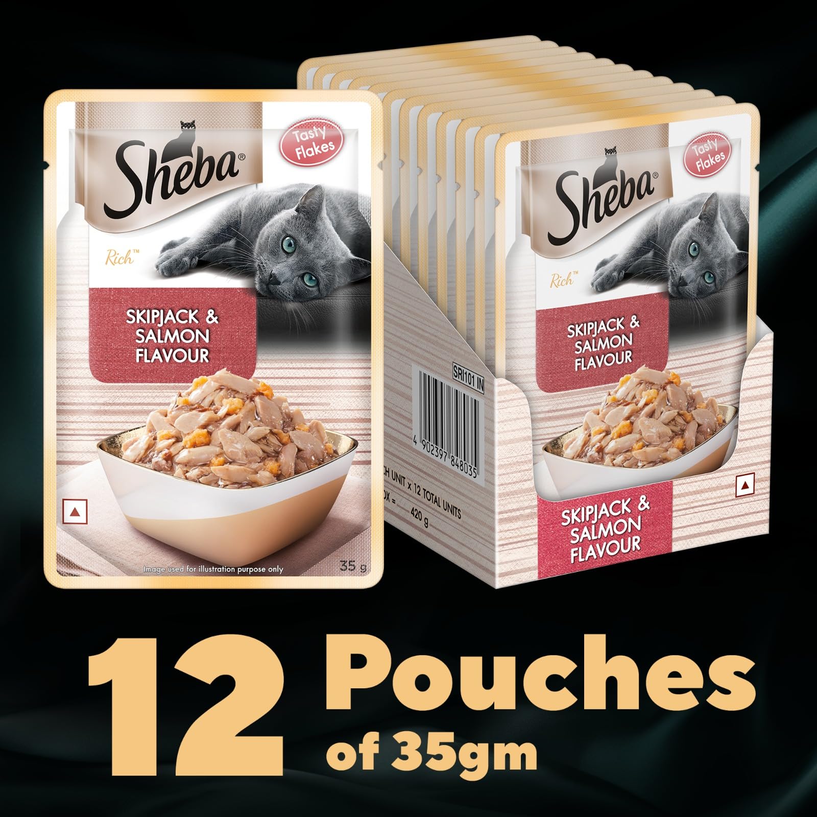 Sheba Rich Premium Adult (1+ Years) Wet Cat Food, Skipjack & Salmon Flavour, 35 g Pouch (Pack of 12), High-moisture wet food for healthy hydration