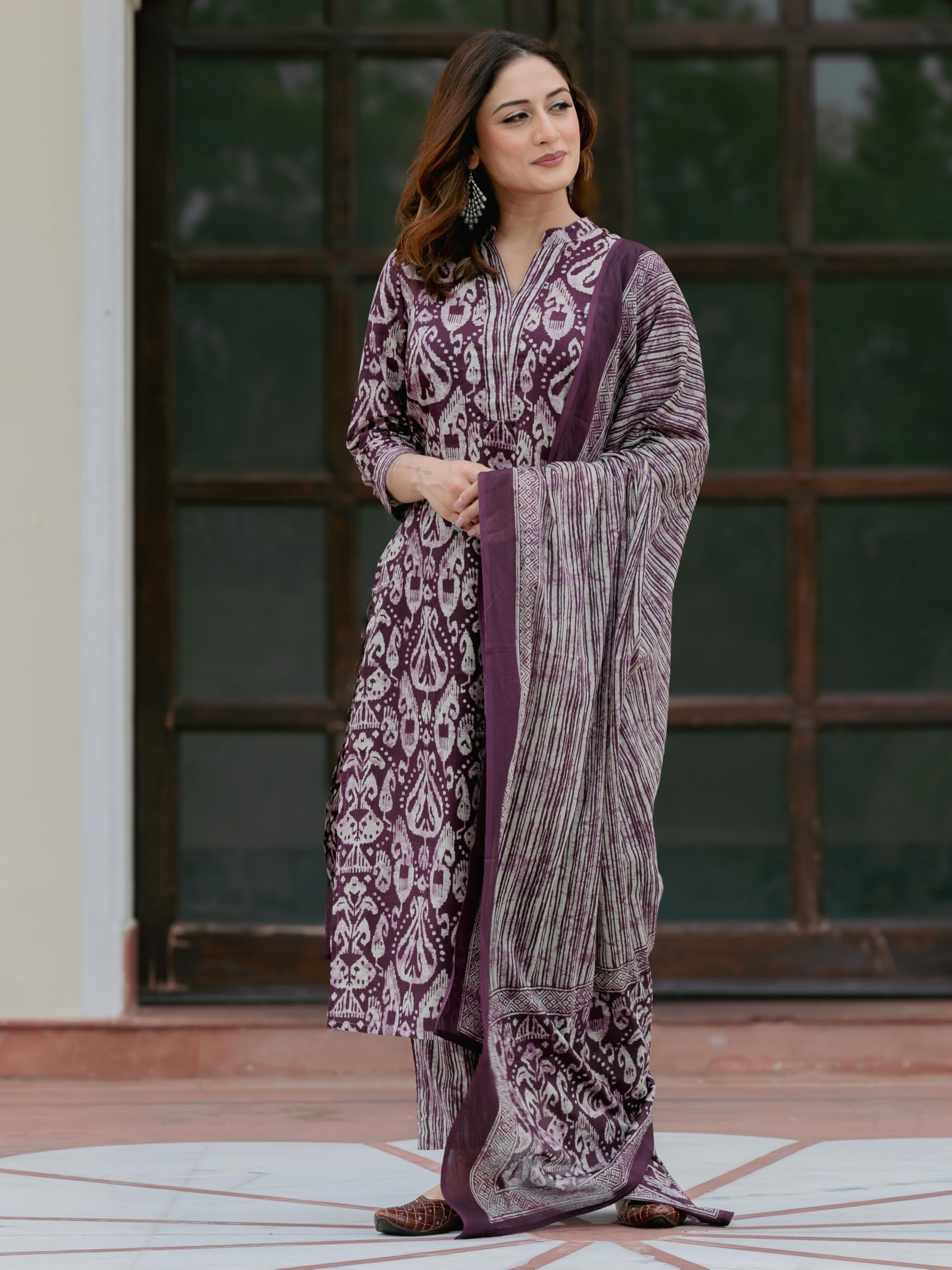 Arayna Women’s 100% Pure Cotton Ikat Printed Ethnic Straight Kurta Pant and Dupatta Set for Women, Plum Purple, XX-Large