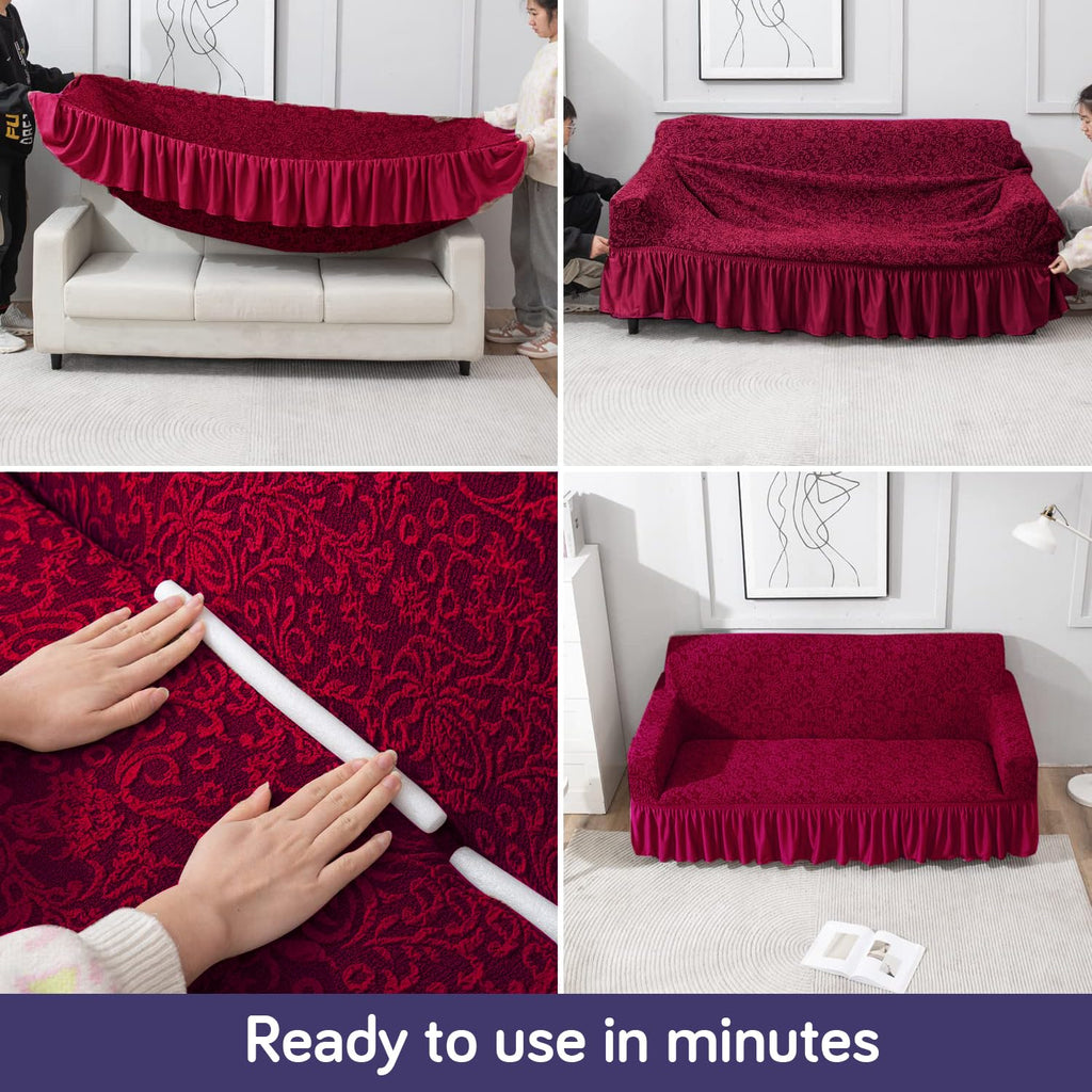 HOKIPO 3 Seater Sofa Cover Stretchable Jacquard Fabric | Elastic Bottom Slipcover with Frill Skirt | Thick 240 GSM Couch Cover | Washable Living Room Sofa Protector, Wine Red (AR-4648-J1)