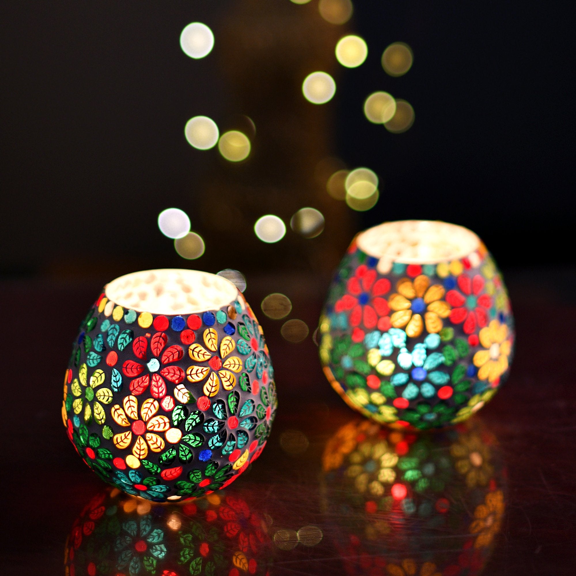 Homesake Tealight Candle Holders for Home Decor, Mosaic Glass, Flowers, Decorations for Home, Item for Diwali Festival Home Decor Item | Pack of 2