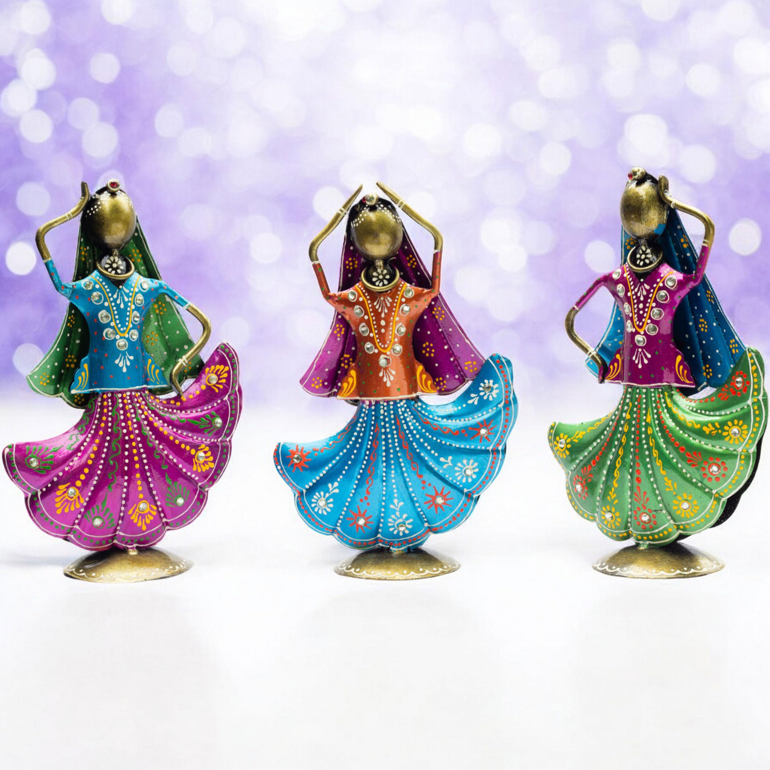 KRAFTSKALA Set of 3 Metal Figurine Dancers Home Decor Item for Living Room, Bedroom, Wedding Festive Housewarming Gift Showpiece Rajasthani Dancing Dolls