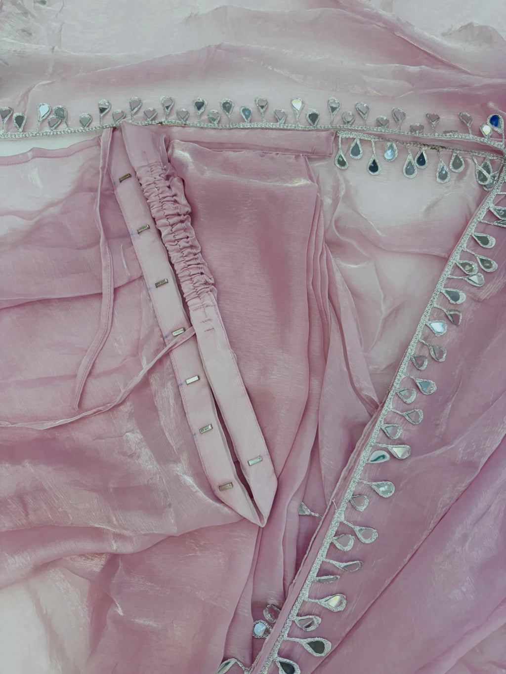 SATAZ Women's Ready to Wear Rose Pink Satin Tissue Silk Saree With Mirror Lace And Unstitched Blouse