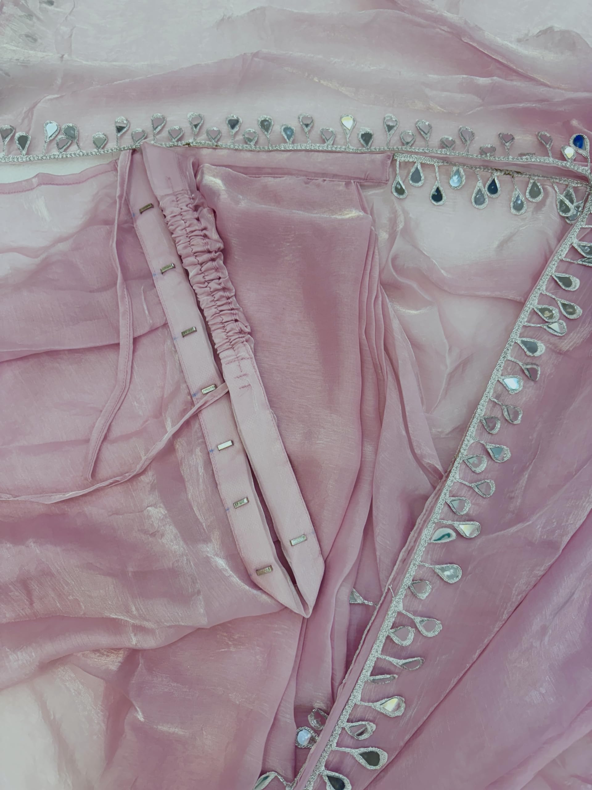 SATAZ Women's Ready to Wear Rose Pink Satin Tissue Silk Saree With Mirror Lace And Unstitched Blouse