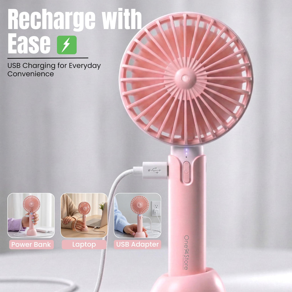 One94Store High Speed Portable USB Hand Fan, 4800 RPM, 1200mAh Rechargeable Battery, Up to 6H Runtime, 3 Speed Modes for Travel, Office & Makeup, Pink – Mini Fan, Hand Fan, Small Fan, USB Fan