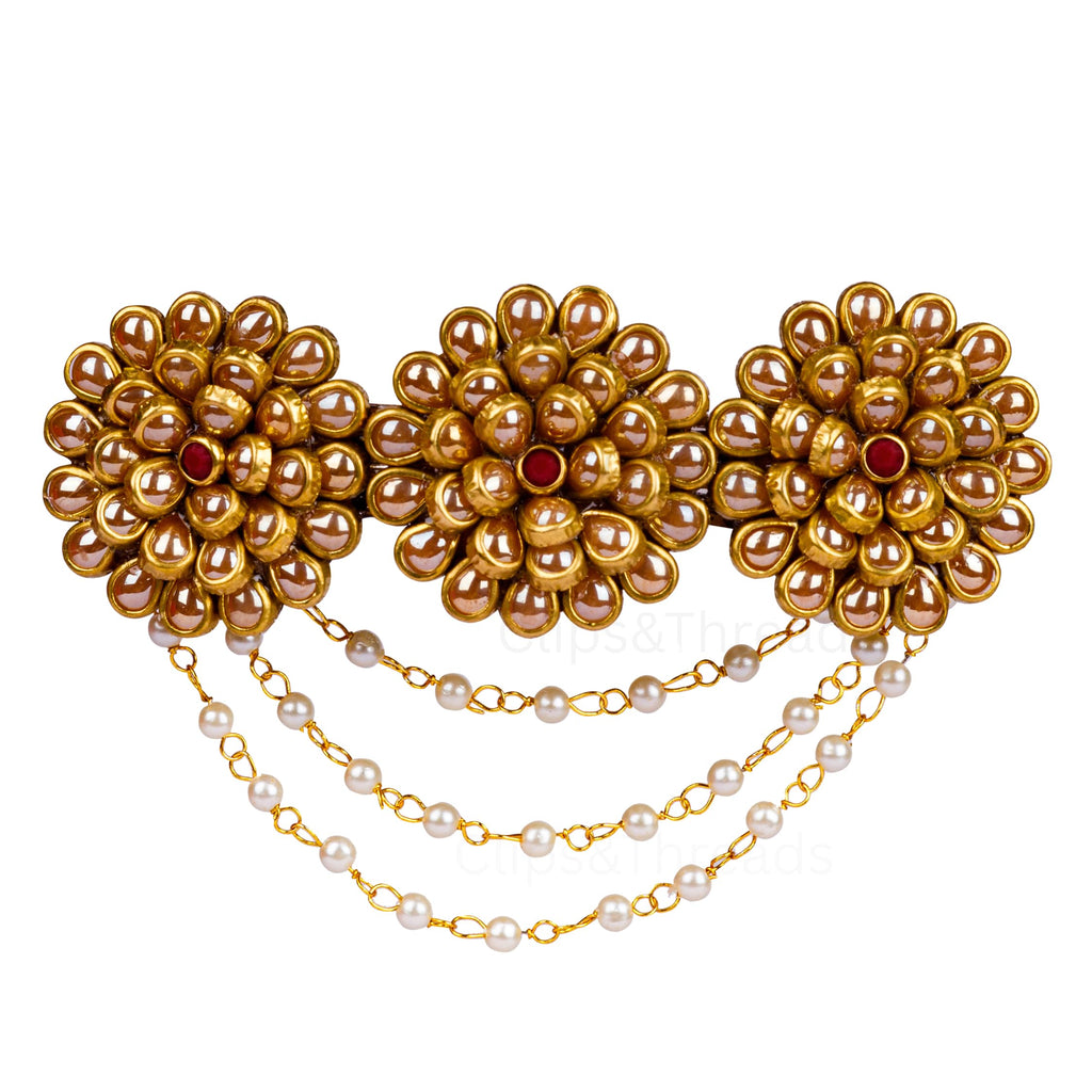 Elegant Floral Hair Clips for Women, Girls & Kids – Pearl & Gemstone Decorated Center Barrette, Lotus Design, Decorative Hair Accessories, Indian Ethnic Hair Jewelry, Gift for Women (Gold)