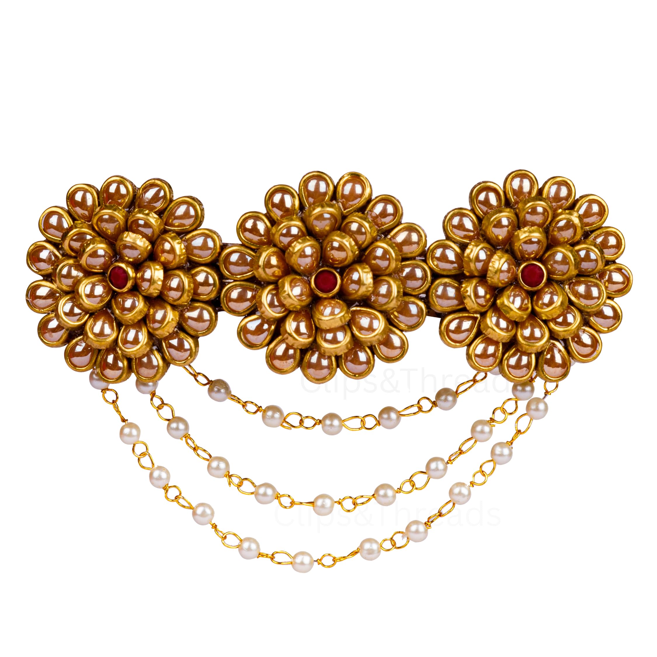 Elegant Floral Hair Clips for Women, Girls & Kids – Pearl & Gemstone Decorated Center Barrette, Lotus Design, Decorative Hair Accessories, Indian Ethnic Hair Jewelry, Gift for Women (Gold)
