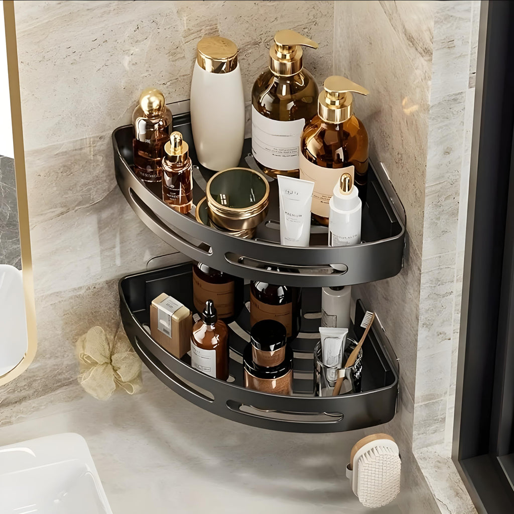 SquareUp Self-Adhesive Wall-Mount ABS Plastic Bathroom Corner Shelf Rack Organizer Without Drill Storage Shelves Holder/Accessories (Black, Pack of 2)