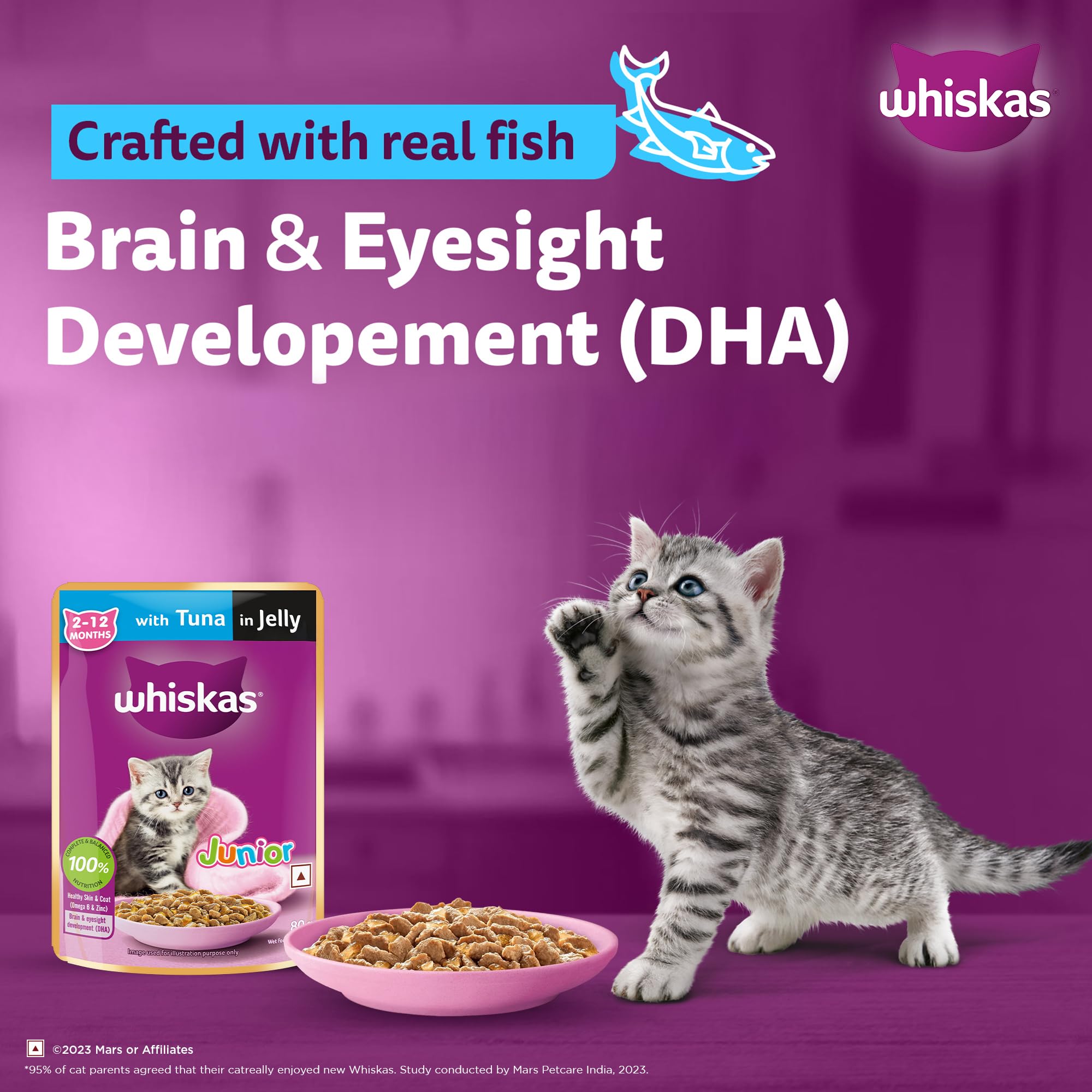 Whiskas Junior Kitten (2-12 Months) Wet Cat Food, Tuna in Jelly, 80 g (Pack of 14), Hydrating Food Made With Real Fish, 100% Complete & Balanced Nutrition for Kittens