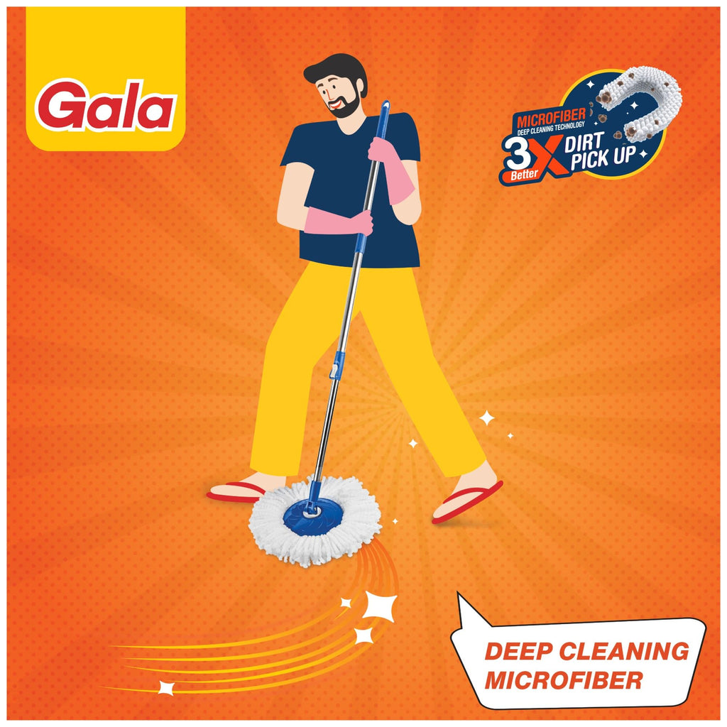 Gala Aqua Spin Mop with 4 Wheels & Big Bucket with 2 Microfiber Refills, Floor Cleaning Mop with Bucket, pocha for Floor Cleaning, Mopping Set (White and Blue)