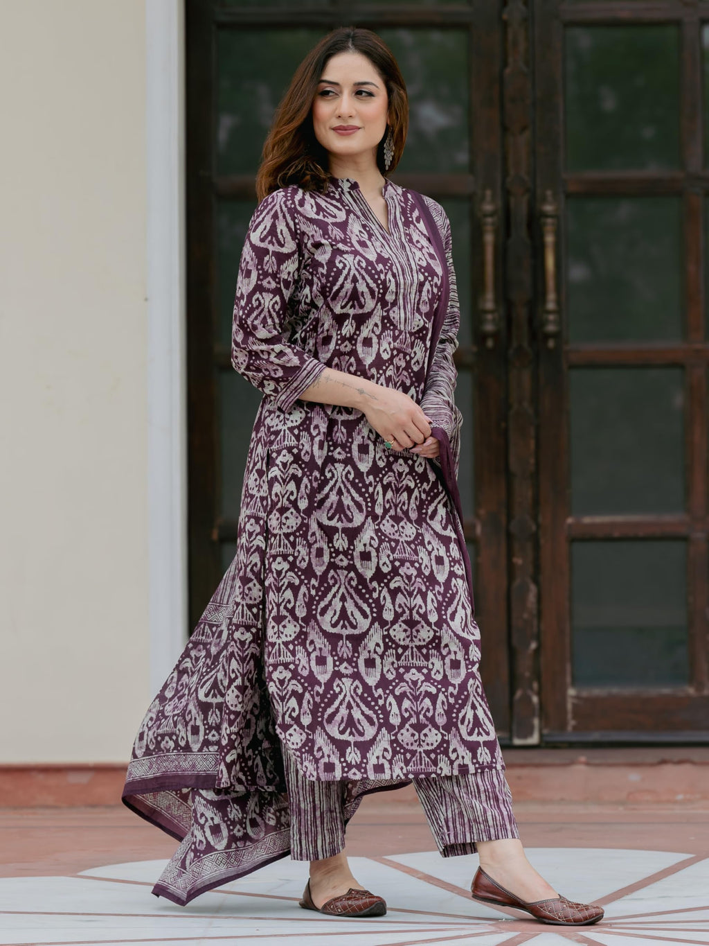 Arayna Women’s 100% Pure Cotton Ikat Printed Ethnic Straight Kurta Pant and Dupatta Set for Women, Plum Purple, XX-Large