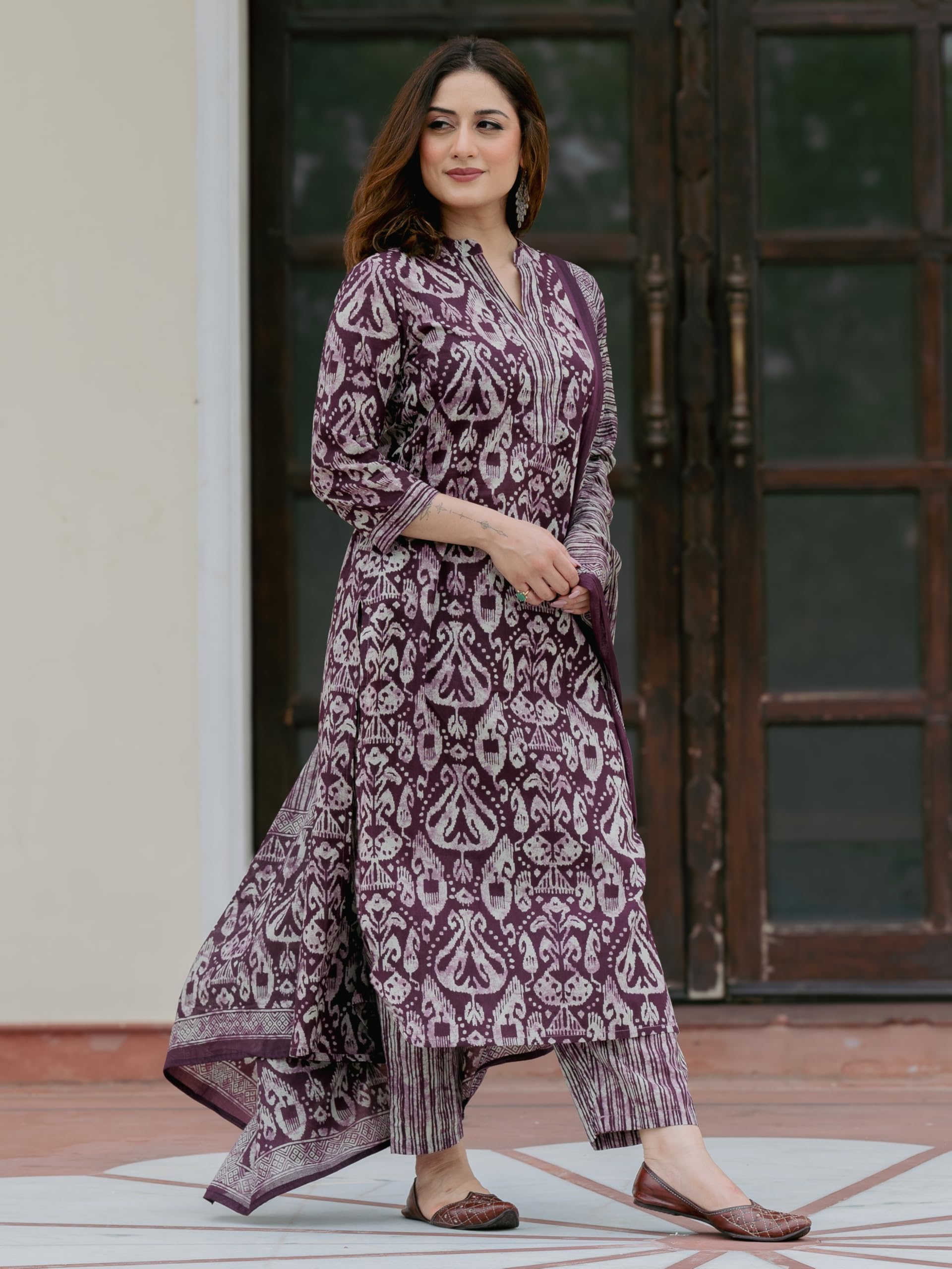 Arayna Women’s 100% Pure Cotton Ikat Printed Ethnic Straight Kurta Pant and Dupatta Set for Women, Plum Purple, XX-Large