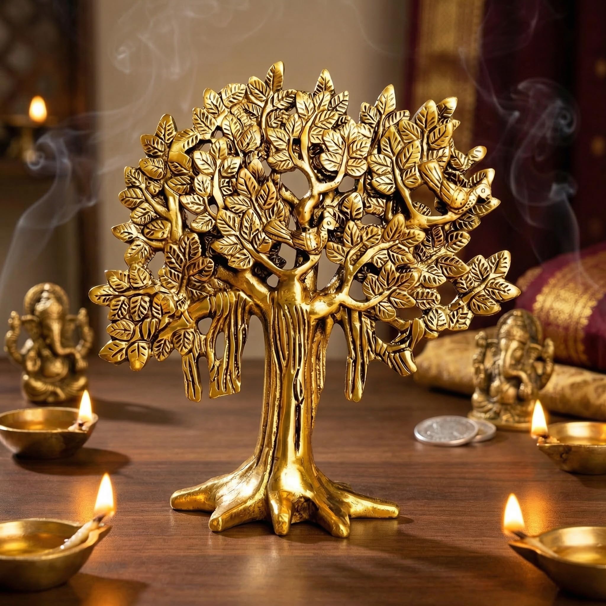 Shineyou Brass Kalpavriksha Tree 7.5 Inch | Vastu Tree of Life for Wealth & Prosperity | Premium Home Decor & Gift Item for Housewarming, Office, Living Room