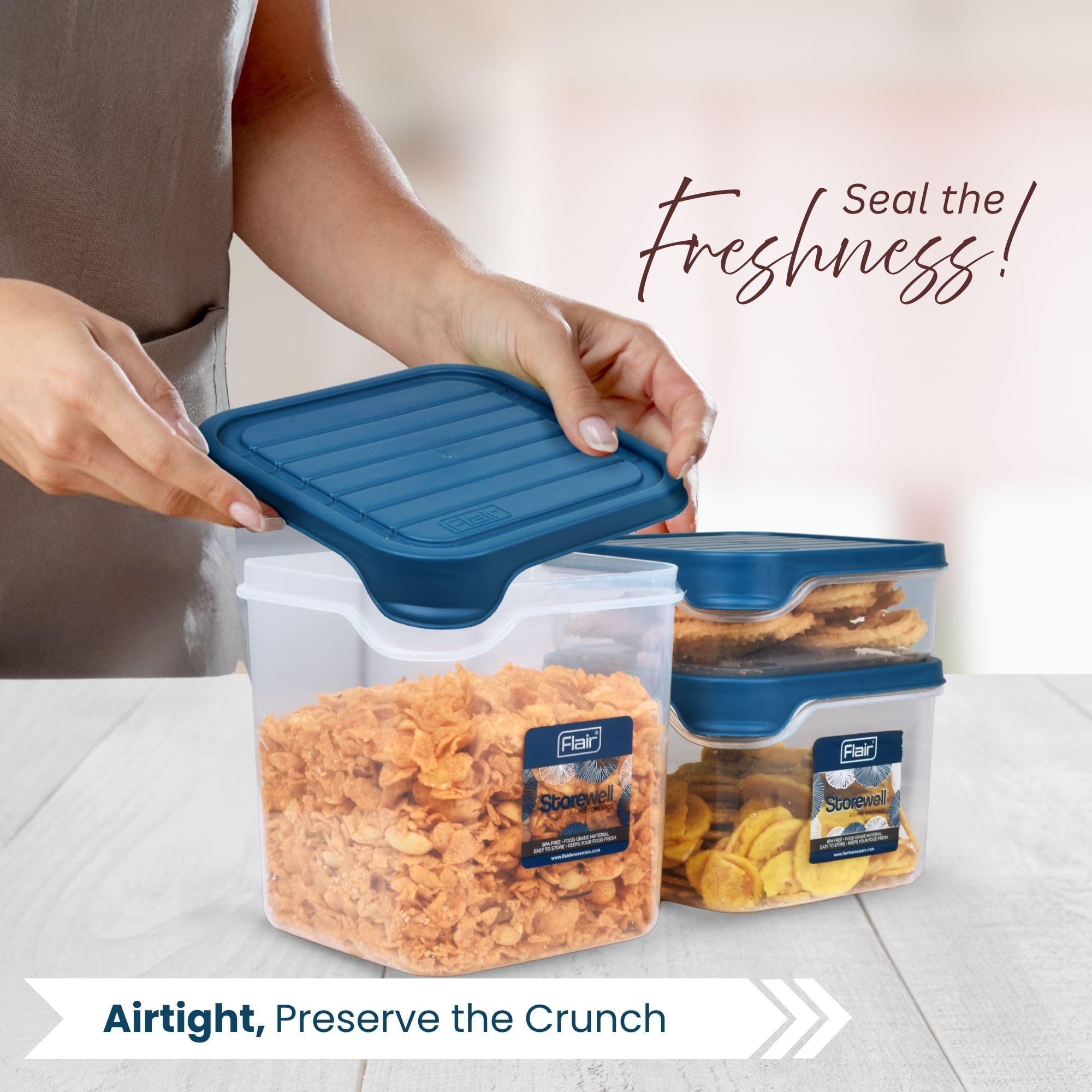 FLAIR Storewell Square Food Storage Containers Set of 3 (550 ML, 1150 ML, 1800 ML)- Blue, Air Tight Containers for Kitchen Storage Ideal kitchen box for Rice, Atta and Grains, BPA-Free, Food Grade