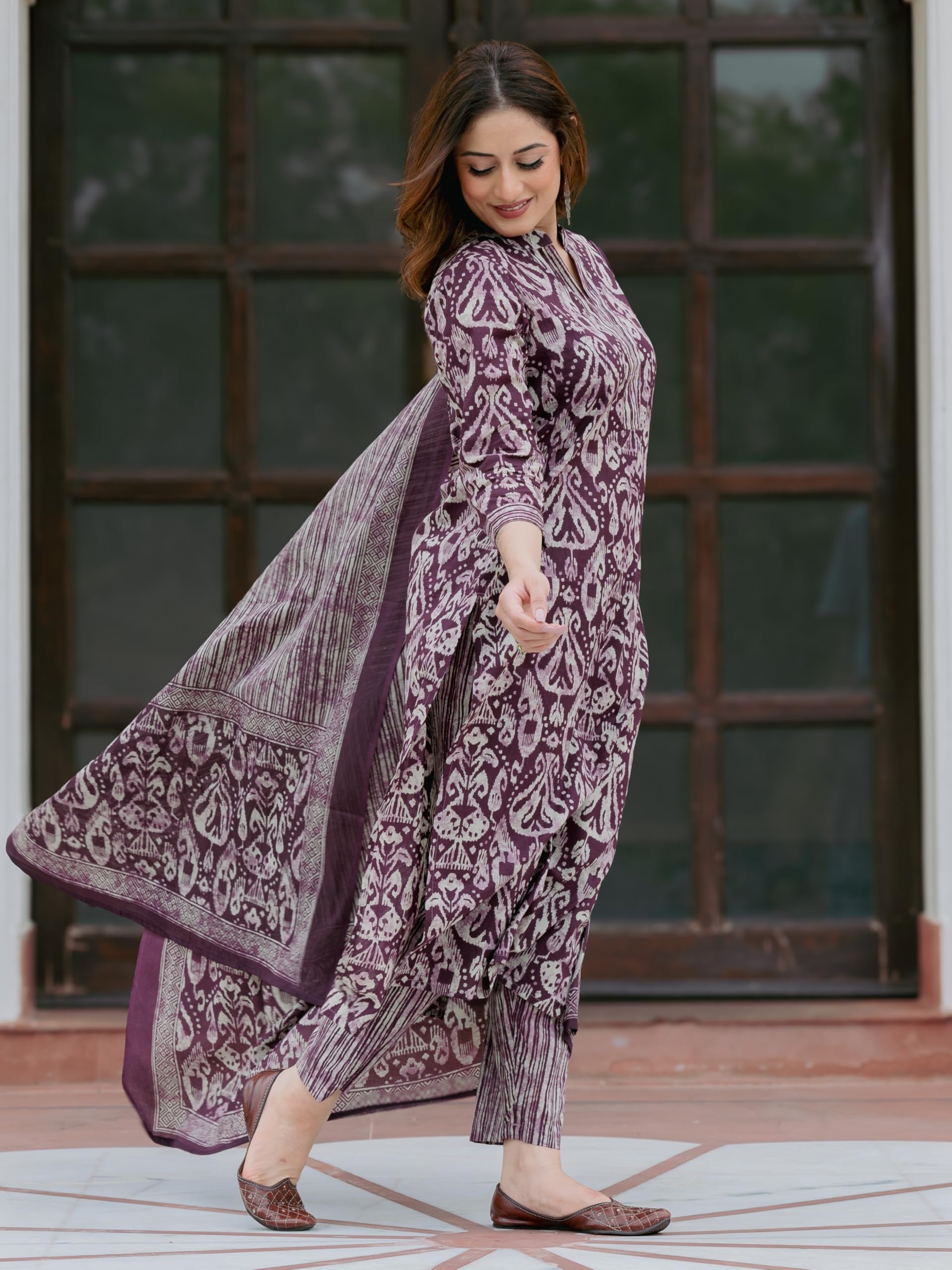 Arayna Women’s 100% Pure Cotton Ikat Printed Ethnic Straight Kurta Pant and Dupatta Set for Women, Plum Purple, XX-Large
