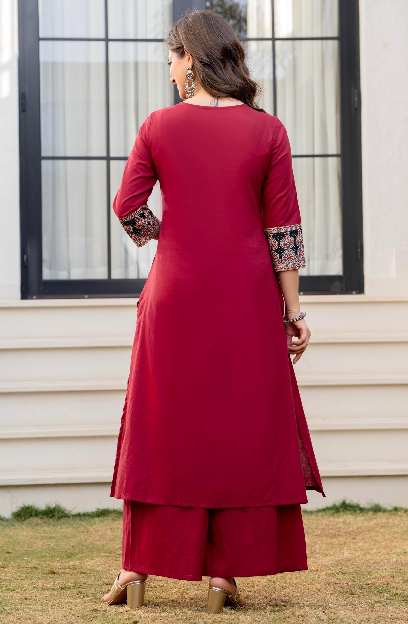 Amayra Women's Pure Cotton A-Line Kurta Set with Palazzo Pants & Dupatta|Ethnic wear|Kurti Suit Set for Women(TCK728,Maroon,L)