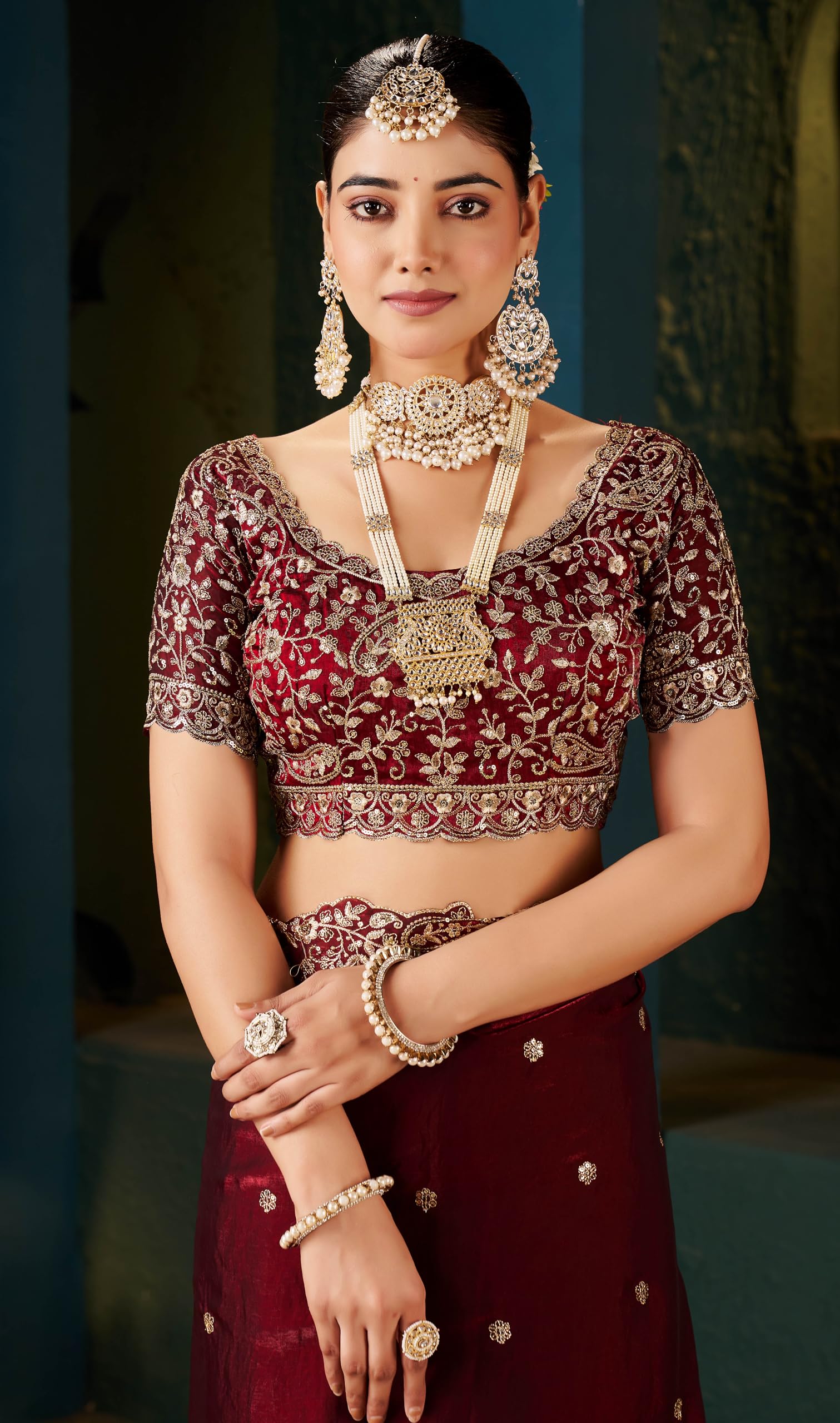 Women's Silk Saree with Embroidered Blouse Piece, Traditional Parte Wear with Gold Border and Hand Work Lace Embellished, Solid/Plain, Applique, Woven, Bollywood Jimmy Jimmy, Satin Saree (Maroon)