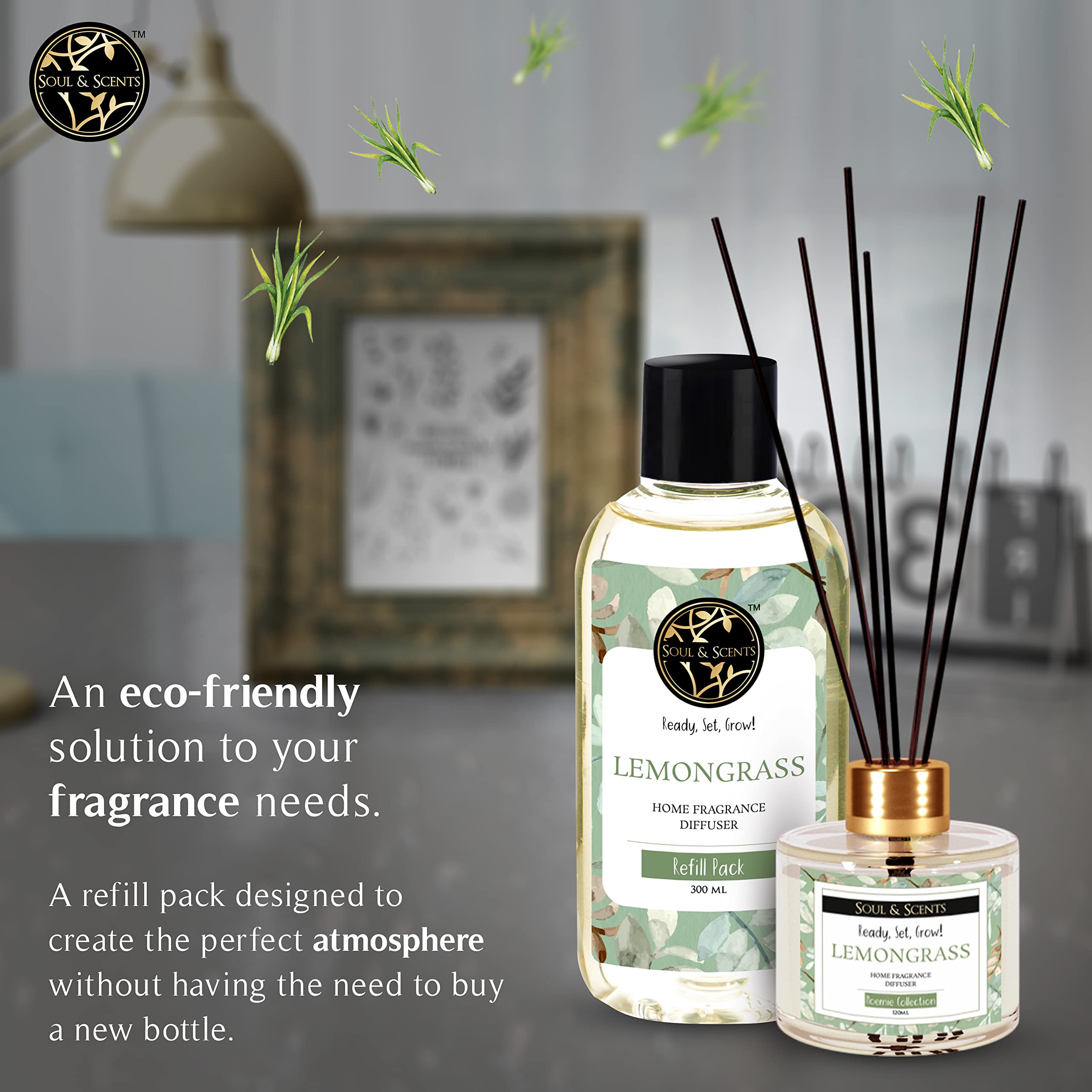 Soul & Scents Plastic Reed Diffuser Refill for Lemongrass Fragrance | Free 12 Fiber Reed Sticks | Long Lasting | Smoke Less Room Freshener for Home, Bedroom, Living Room & Office | 300ml