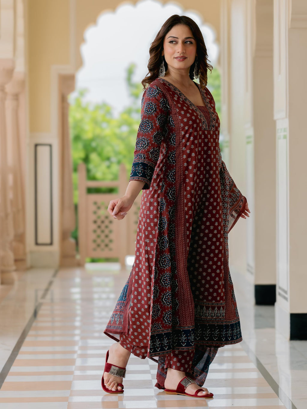 Arayna Women’s 100% Pure Cotton Printed Ethnic Suit | A-Line Kurta Set with Pant & Dupatta, Maroon, Large