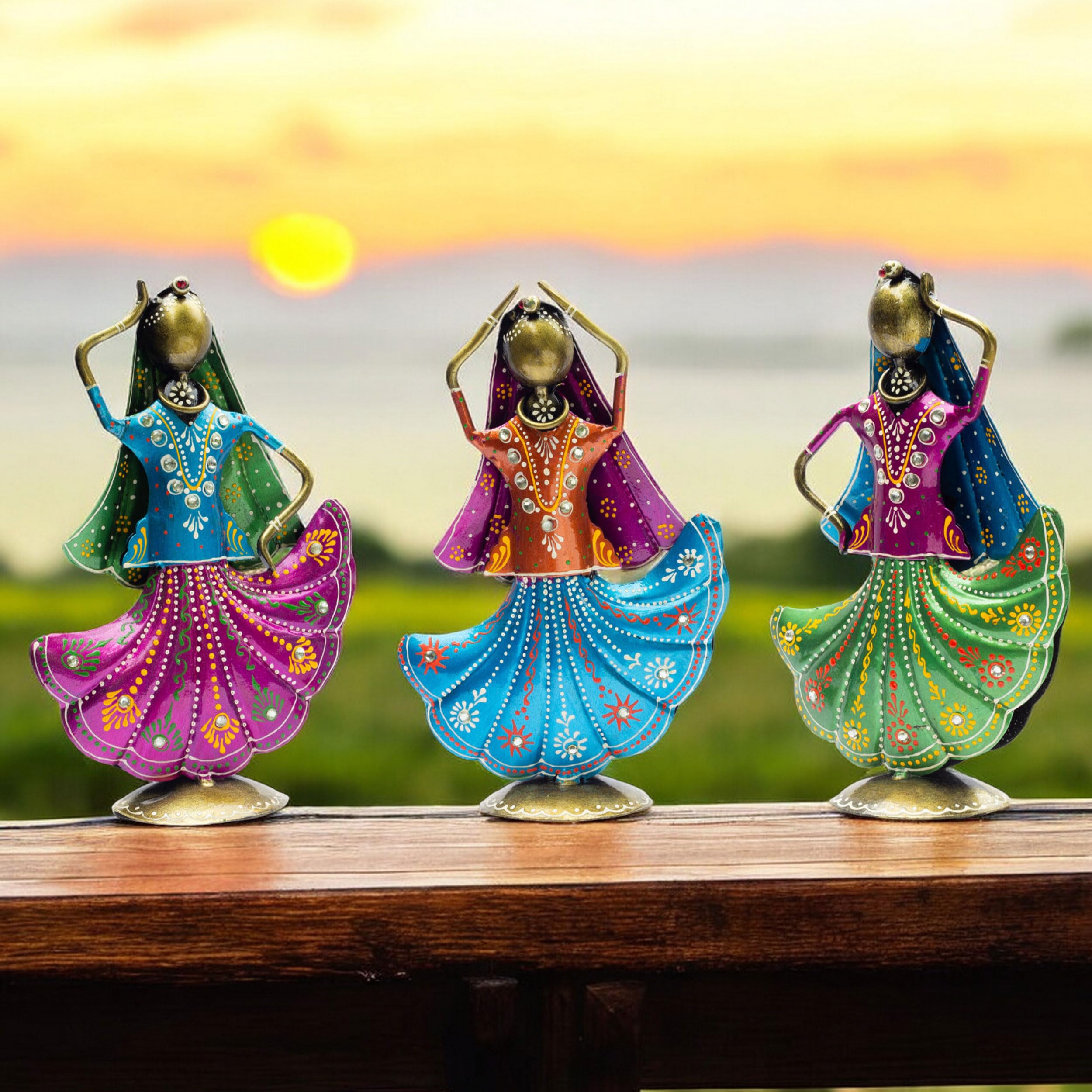 KRAFTSKALA Set of 3 Metal Figurine Dancers Home Decor Item for Living Room, Bedroom, Wedding Festive Housewarming Gift Showpiece Rajasthani Dancing Dolls