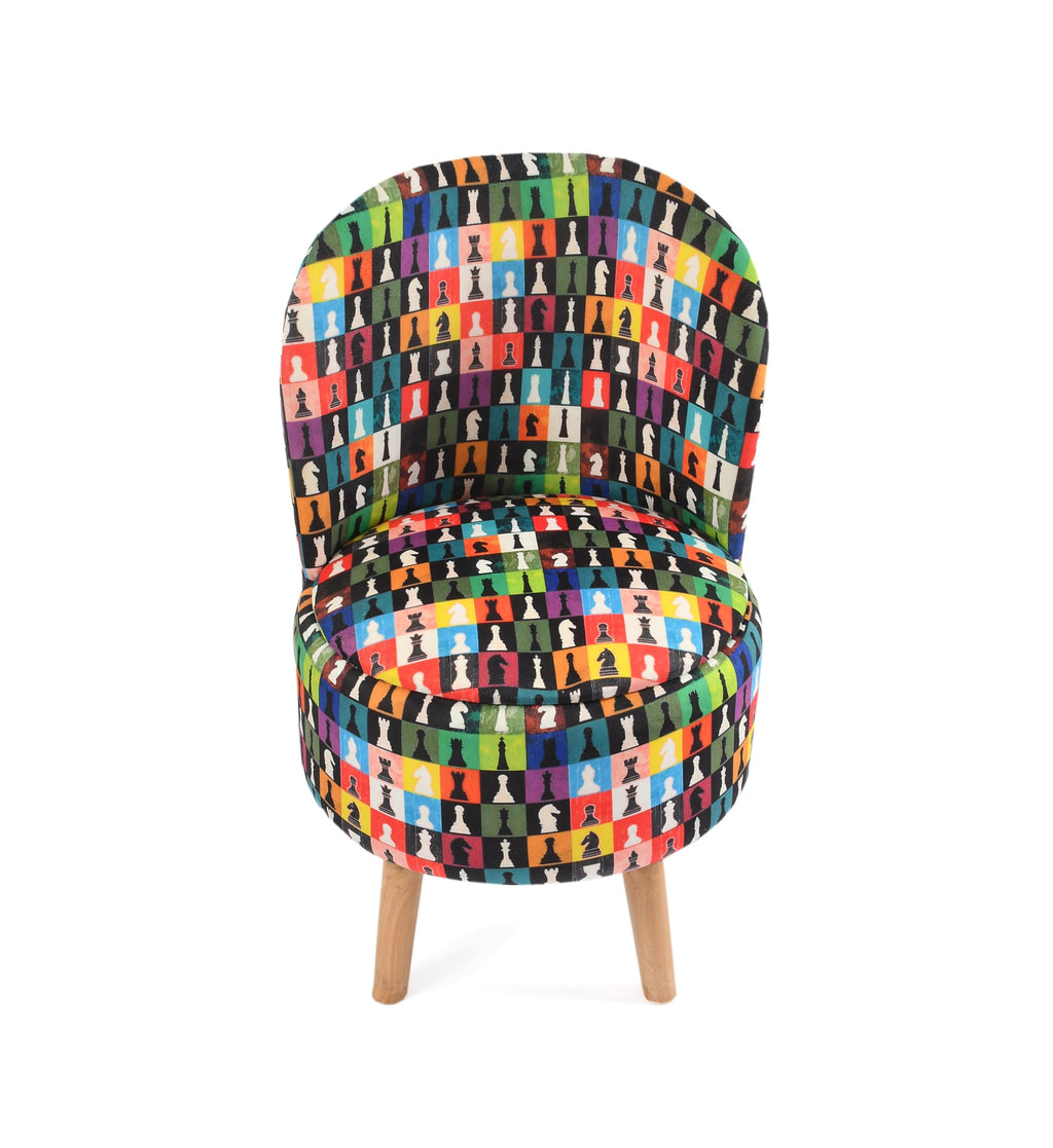 NACIA Elegant Velvet Printed Ottoman Chair | Dressing Table Chair for Bedroom Makeup Room Decor | Modern Upholstered Ottoman with Wooden Legs for Living Room & Home (18x18x32 Inches, Multi Chess)