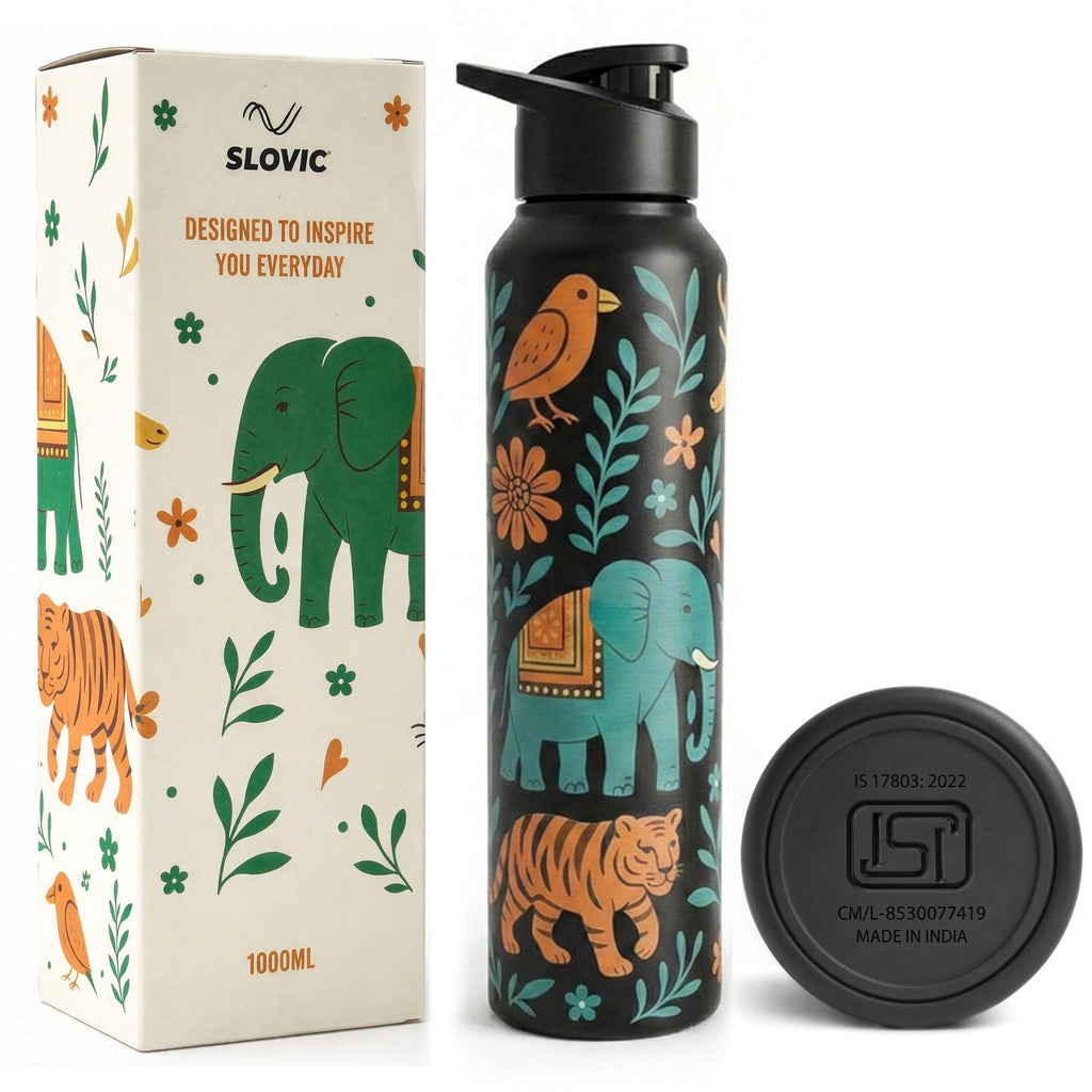 SLOVIC Steel Water Bottle 1 Ltr | Incredible India Design Fridge Water Bottle for School Kids | 100% BPA Free & leak-Proof | Sipper Water Bottles for Adults | Ideal for Gym, Office, Travel