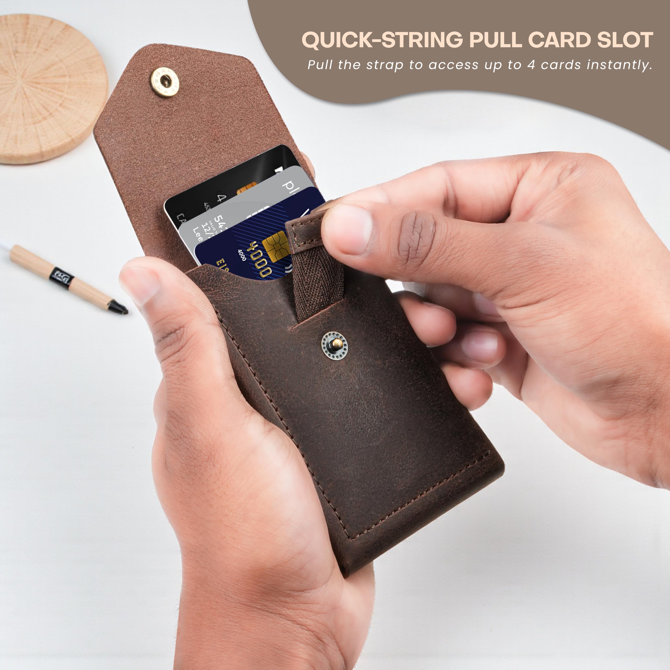 The Wallet Store Flip Genuine Leather Vertical Slim Wallet for Men | Pull-String Quick Card Access | Compact Front Cash Pocket & Button Lock | Minimalist Travel & Daily Carry Wallet (Brown)