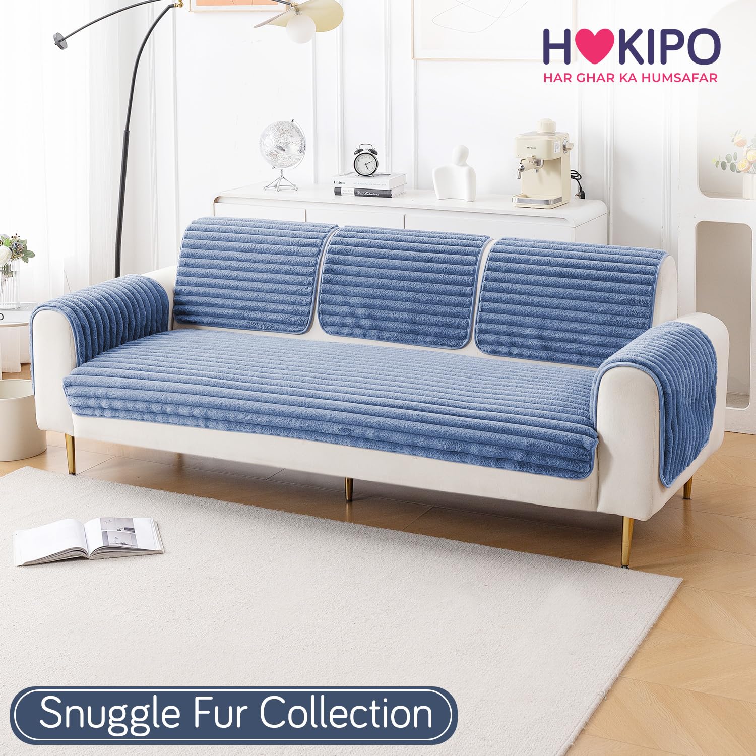 HOKIPO Faux Rabbit Fur Sofa Armrest Covers with Anti-Slip Backing| 1 Pair|Snuggle Fur Denim Blue (AR-6341-BL*2)