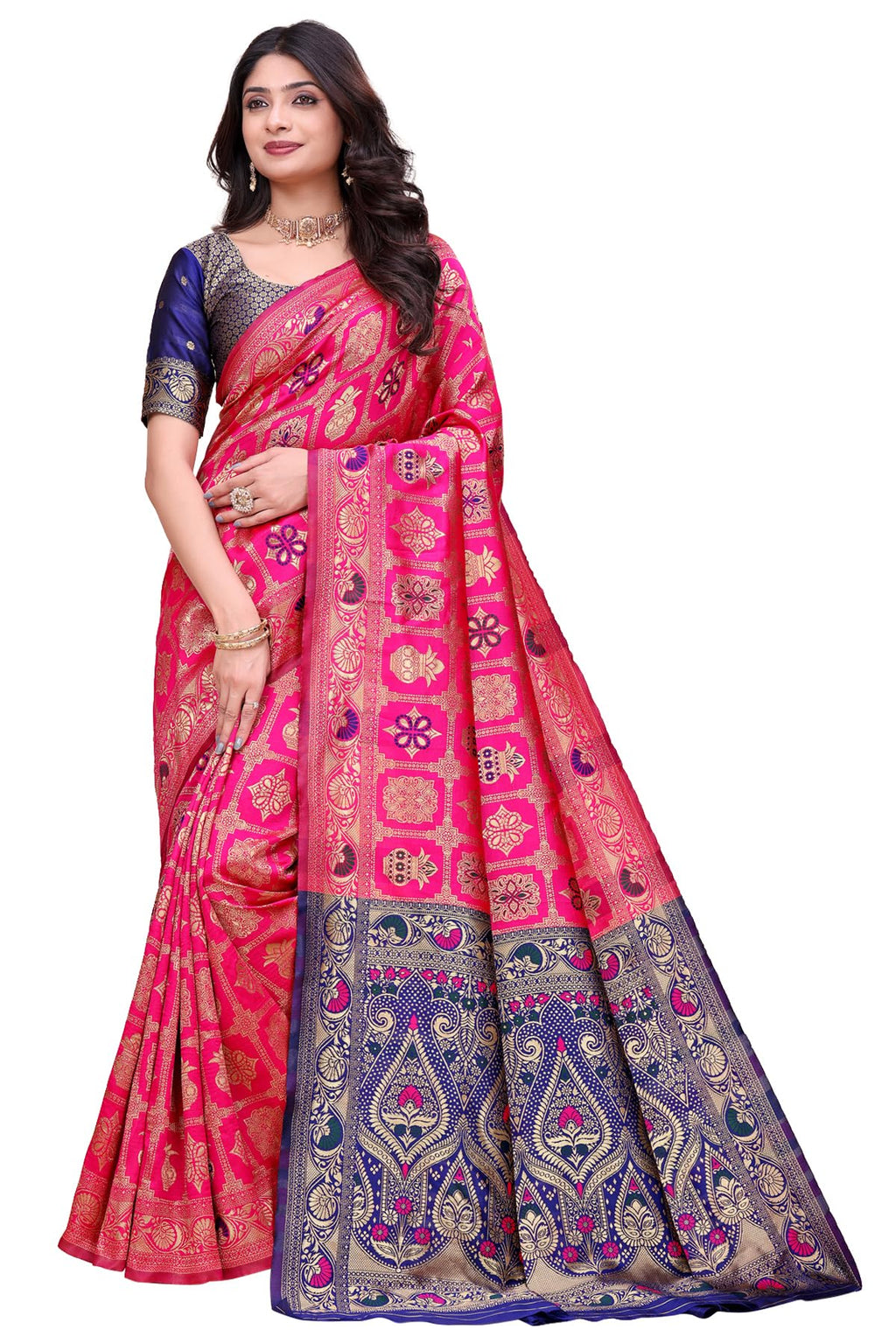 Shasmi Women's Rani Banarasi Pure Kanjivaram Silk Saree Soft new ladies Design Wear Pattu Sarees Latest 2026 Cotton Party Sari collections With Blouse Piece for Wedding sadi (PARI-241 RANI)