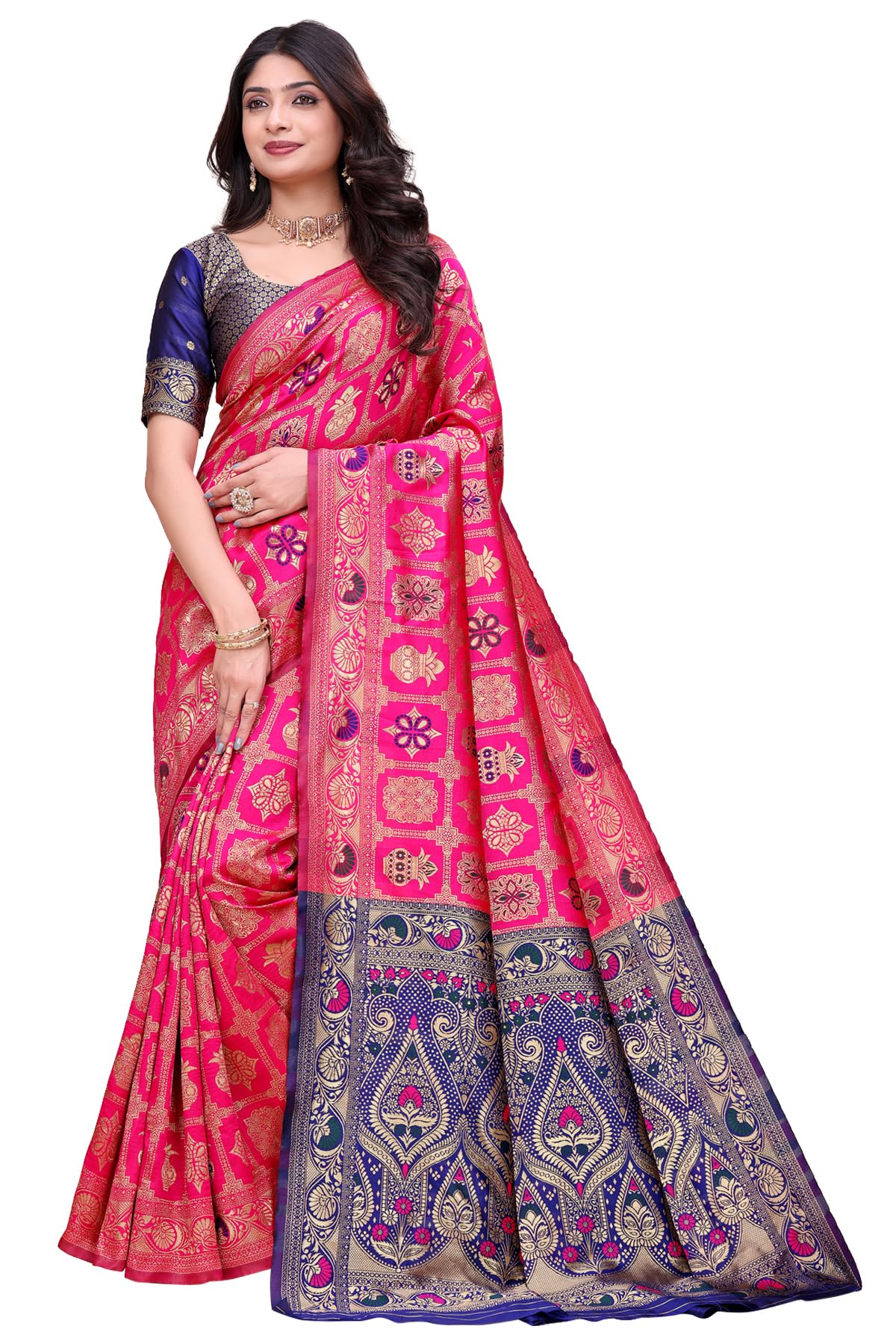 Shasmi Women's Rani Banarasi Pure Kanjivaram Silk Saree Soft new ladies Design Wear Pattu Sarees Latest 2026 Cotton Party Sari collections With Blouse Piece for Wedding sadi (PARI-241 RANI)