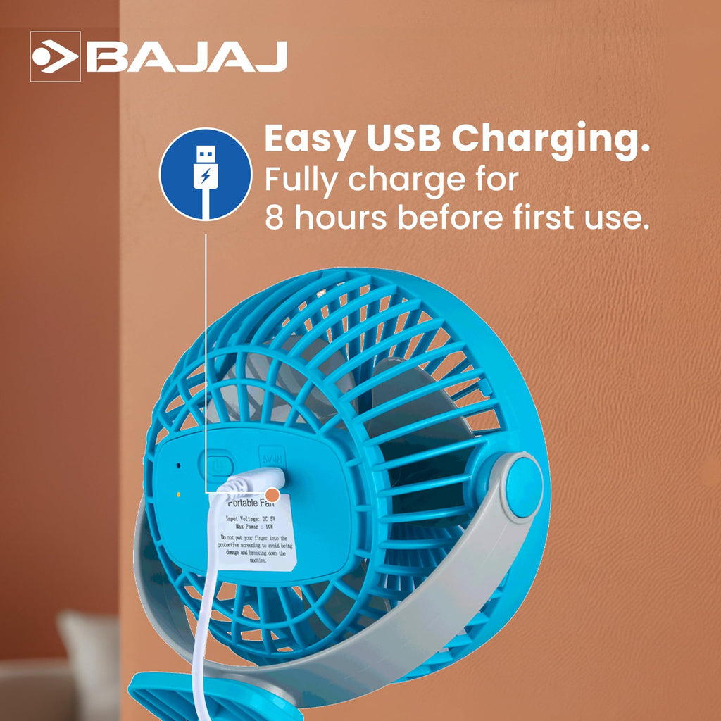 Bajaj Pygmy Mini Fan 110MM | USB Charging | Multi-Clip Function | Rechargeable | 4-Hr Back-up | Silent Operation | Longer Battery Life | Energy Efficient | Portable 【Blue】