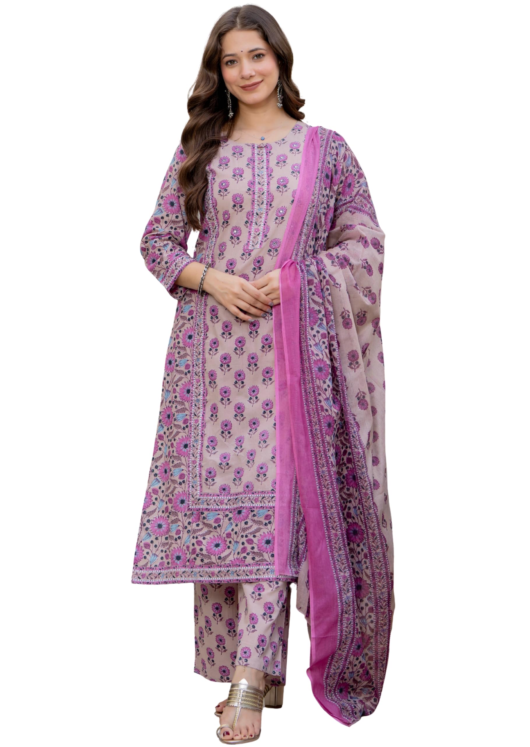 Amayra Women's Pure Cotton Straight Kurta Set with Palazzo pants & dupatta|Ethnic wear|Kurta Set for Women(TCK768,Pink,M)