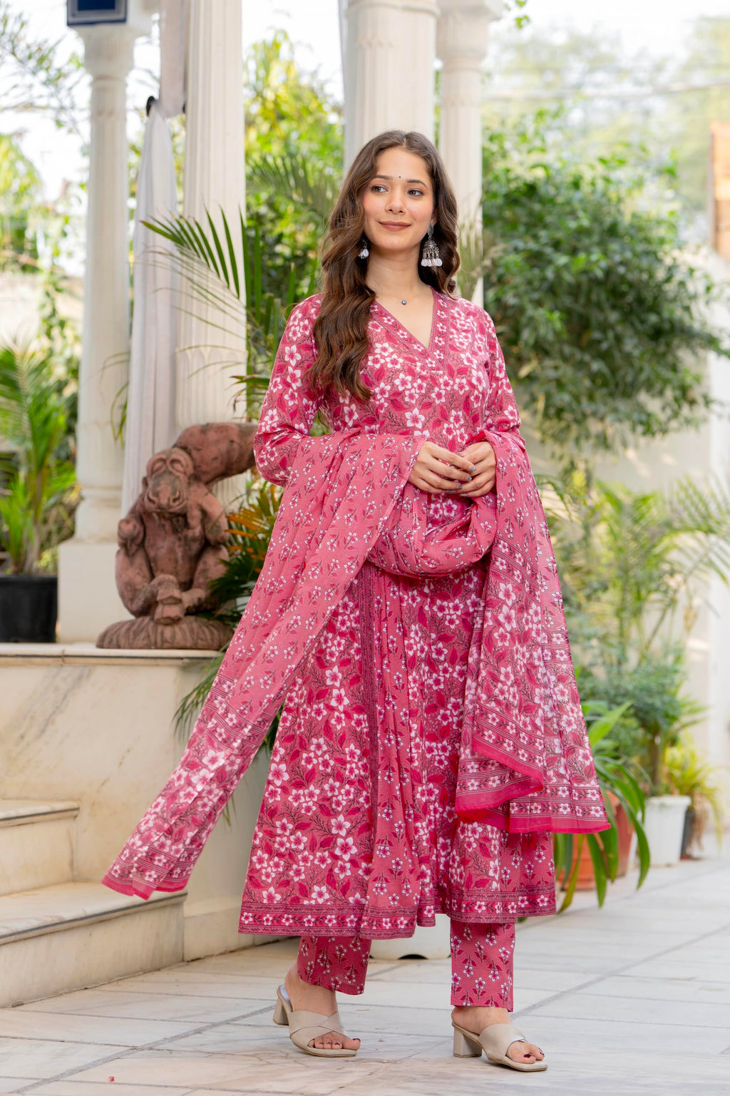 Aradhika Women's Pure Cotton Printed Anarkali Kurta with Pants and Dupatta | 3 Pieces Ethnic Wear for Women | Casual, Festive & Dailywear | Soft & Breathable Kurta Suit Set - (Pink, XX-Large)