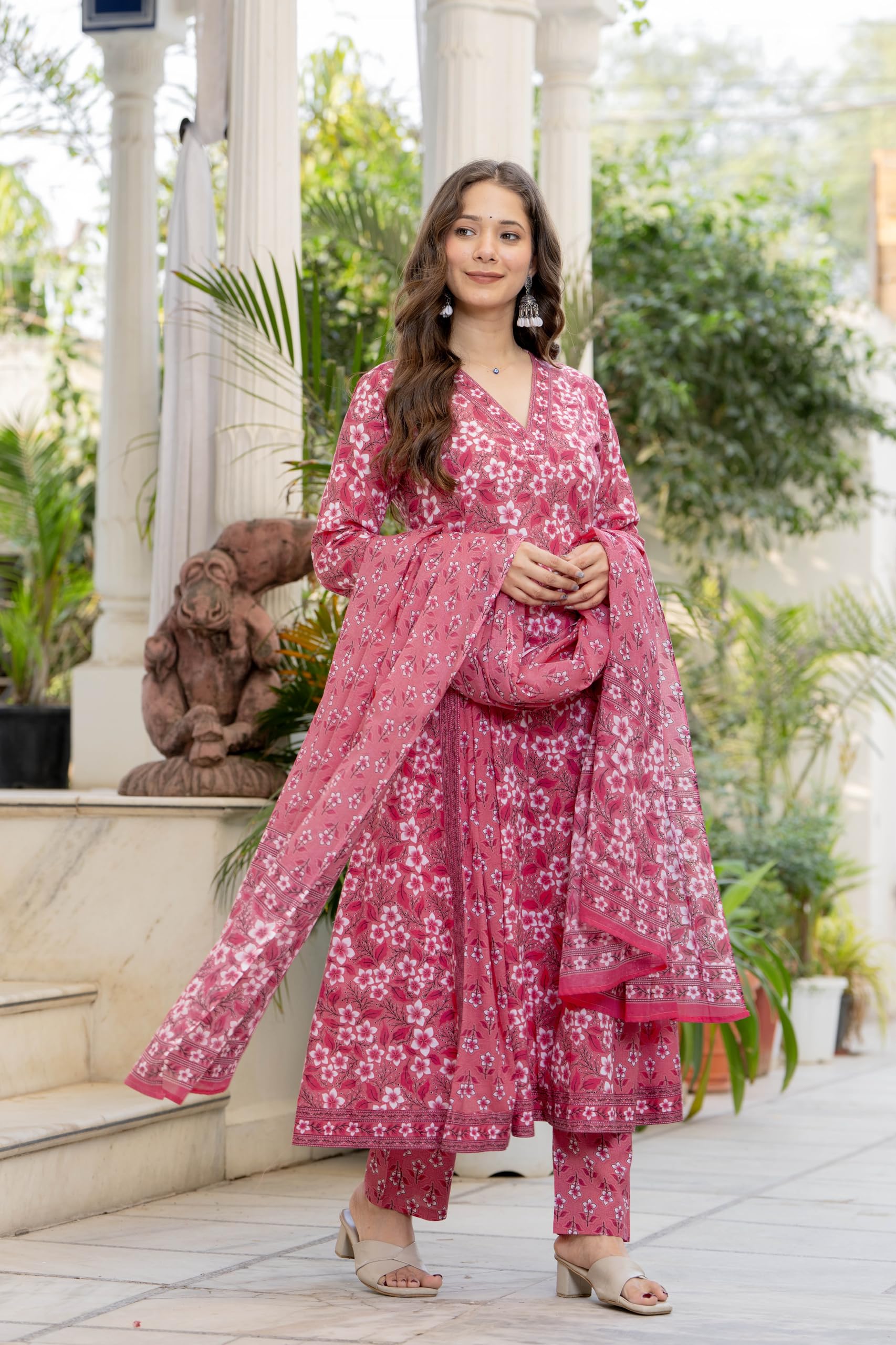 Aradhika Women's Pure Cotton Printed Anarkali Kurta with Pants and Dupatta | 3 Pieces Ethnic Wear for Women | Casual, Festive & Dailywear | Soft & Breathable Kurta Suit Set - (Pink, XX-Large)