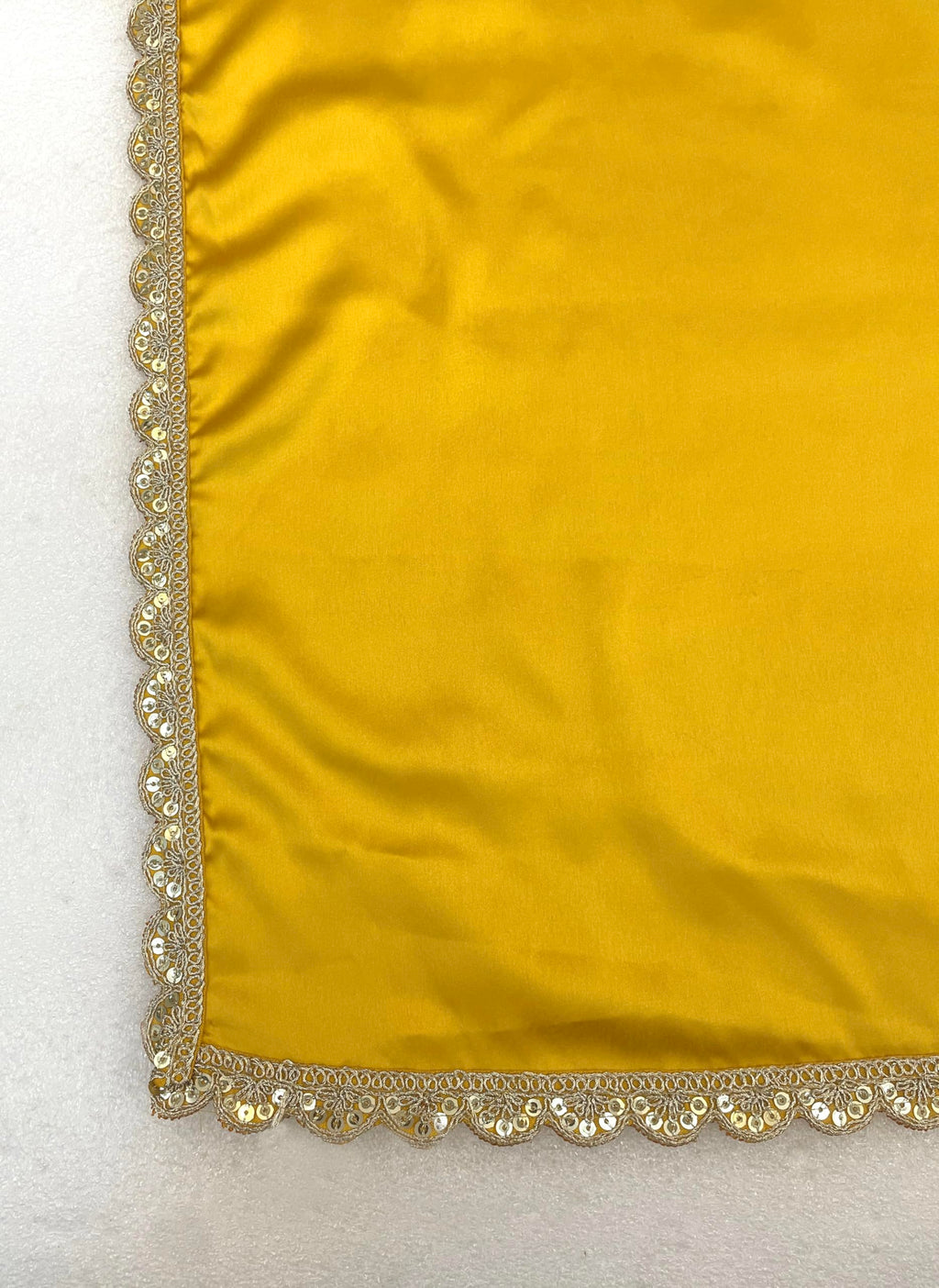 SHOPAZ Ready To Wear Saree For Women Yellow Satin SIlk Readymade Stitched Scalloped Border With Unstitched Blouse