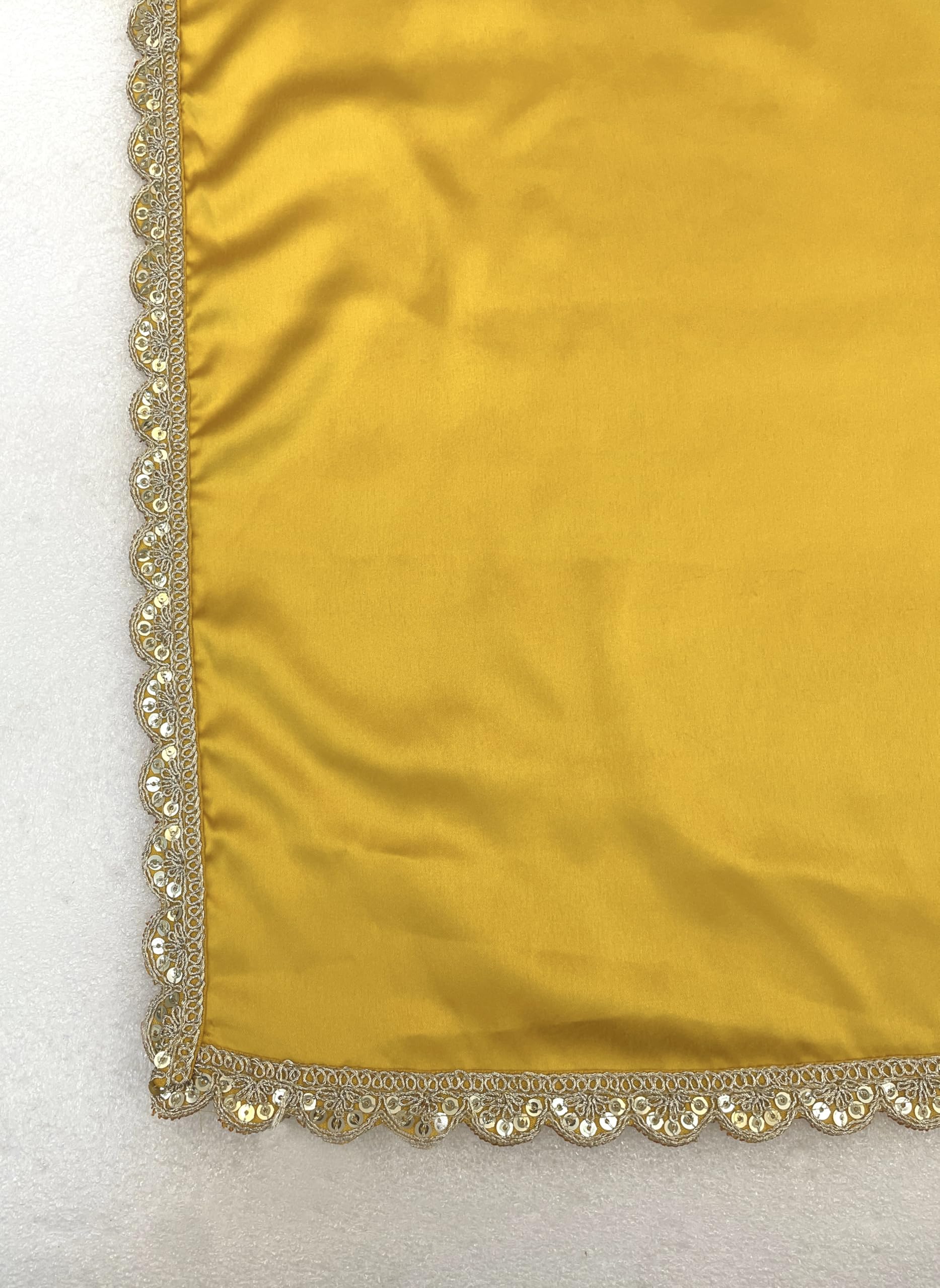 SHOPAZ Ready To Wear Saree For Women Yellow Satin SIlk Readymade Stitched Scalloped Border With Unstitched Blouse