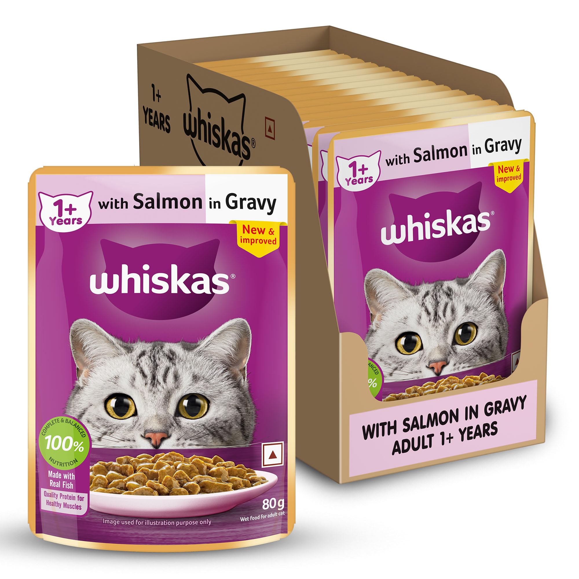 Whiskas Adult (1+ Years) Wet Cat Food, Salmon in Gravy, 80 g (Pack of 14), Hydrating Food Made With Real Fish, 100% Complete & Balanced Nutrition for Adult Cats
