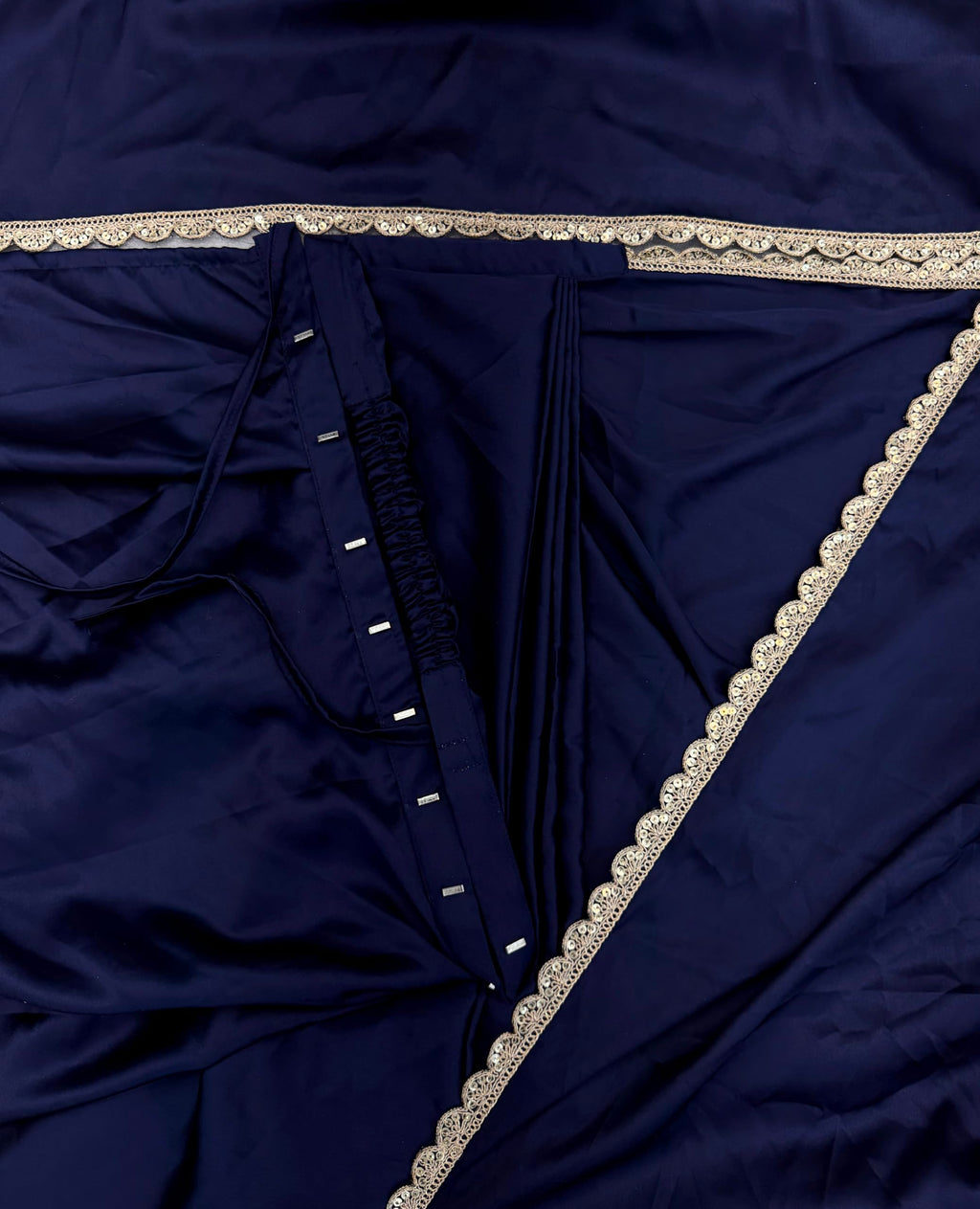 SATAZ Ready To Wear Saree For Women Pre Pleated Satin Silk Readymade With Unstitched Blouse (Navy Blue)