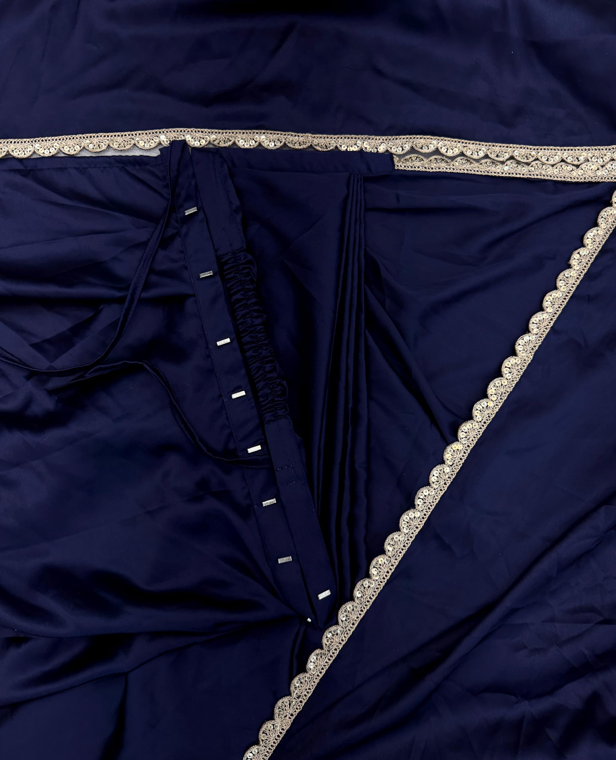 SATAZ Ready To Wear Saree For Women Pre Pleated Satin Silk Readymade With Unstitched Blouse (Navy Blue)