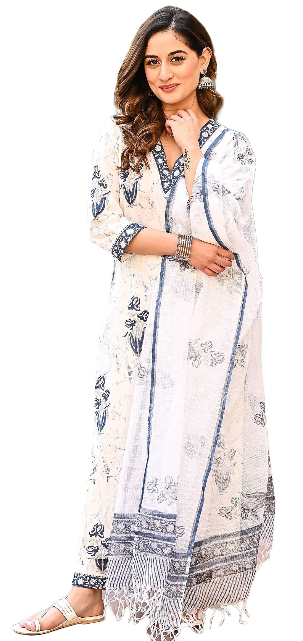 Arayna Women's Floral Printed 100% Cotton Kurti Palazzo Pants Set With Dupatta (Medium, white)