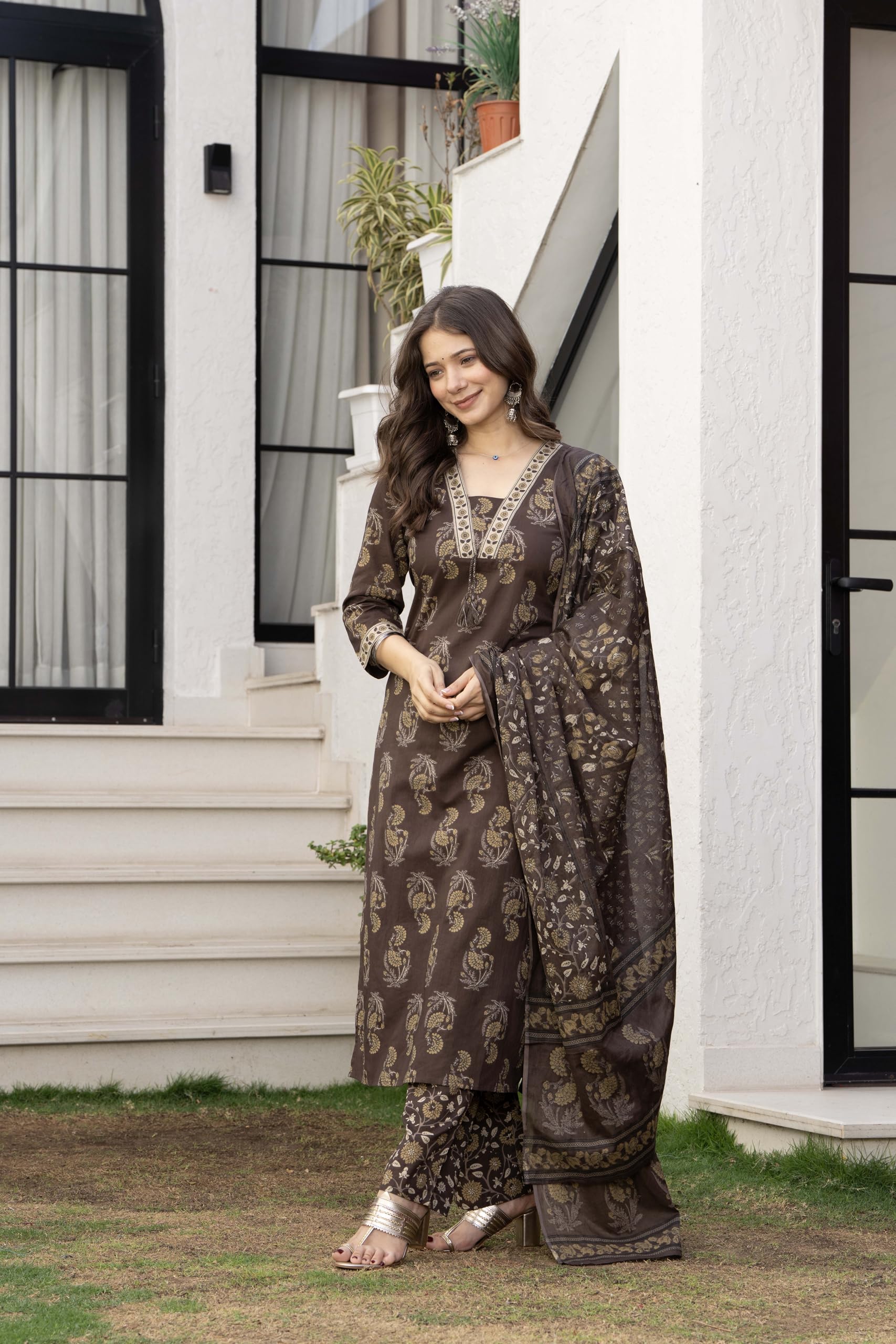 PARTHVI Women’s Cotton Printed Kurta Set with Pants & Dupatta | Elegant Ethnic Wear for Women | Floral Print | Comfortable Suit Set