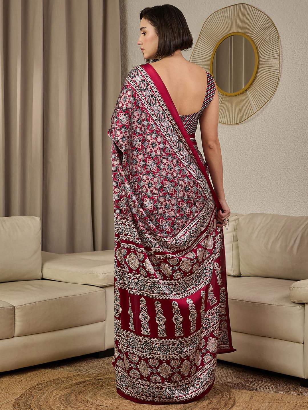 AKHILAM Women's Burgundy Satin Silk Ajrak Printed Ready To Wear one Minute Saree With Unstitched Blouse Piece (RTWKAJRKH386008_RJ)
