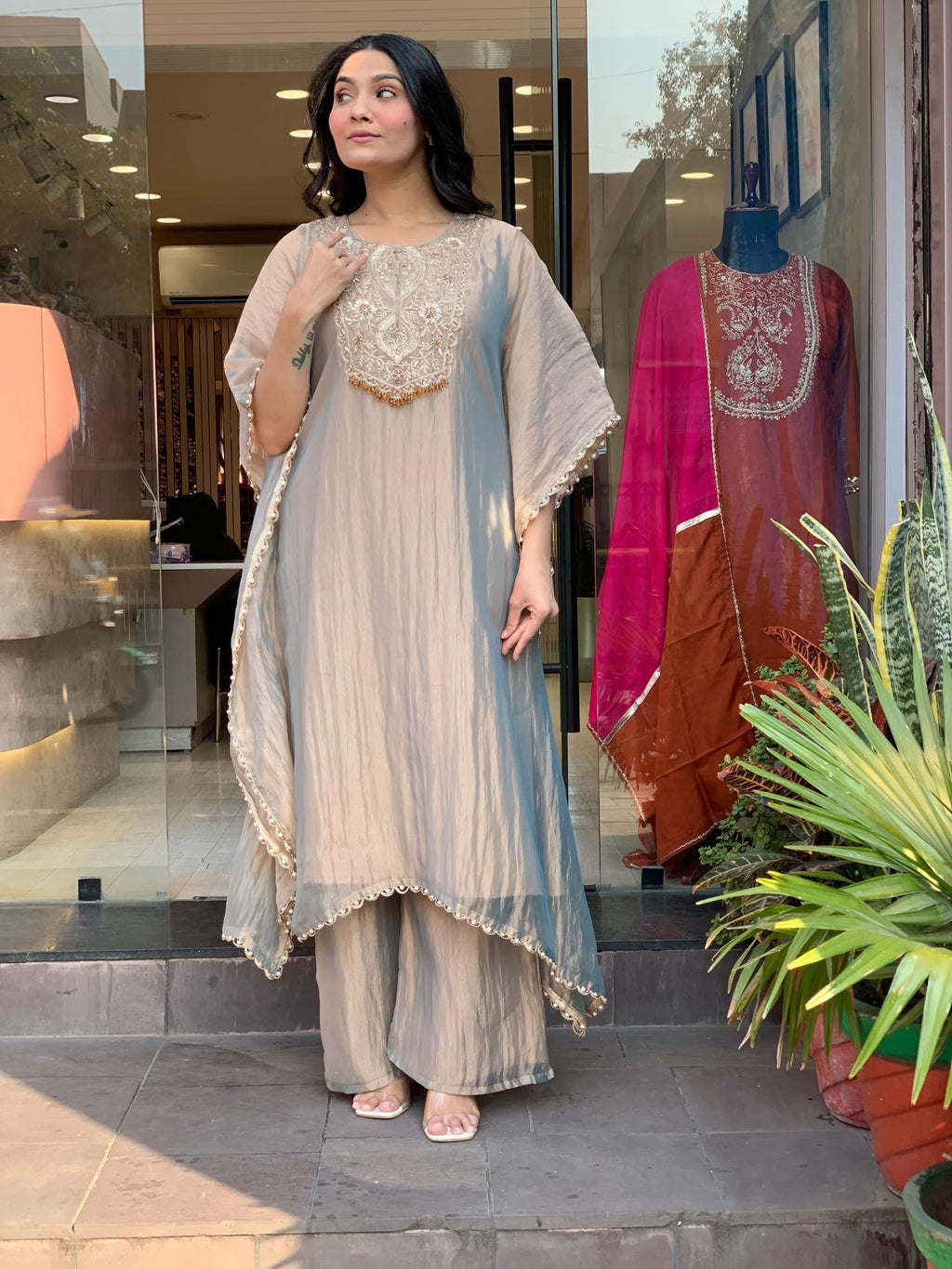GoSriKi Women's Roman Glass A-Line Embroidery Kurta with Palazzo (Davina Grey-GS_L_Grey_Large)