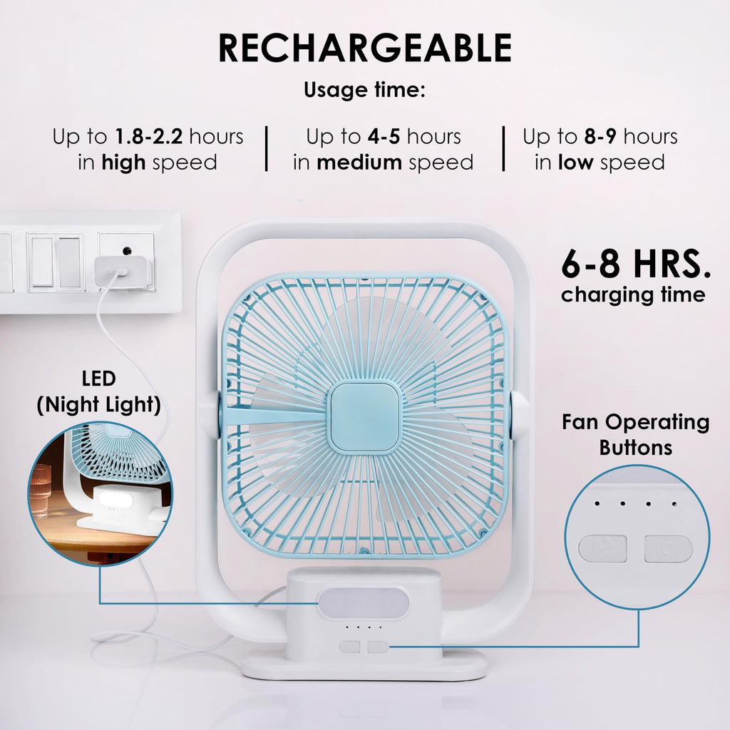 Gesto 9.6 Inch High Speed Rechargeable Table Fan for Home – USB Charging Battery Fan With Led Light | 3000mAh Battery for Upto 8 Hours Runtime | 3 Speed Modes Portable fan for Home,Office,Desk,Kitchen