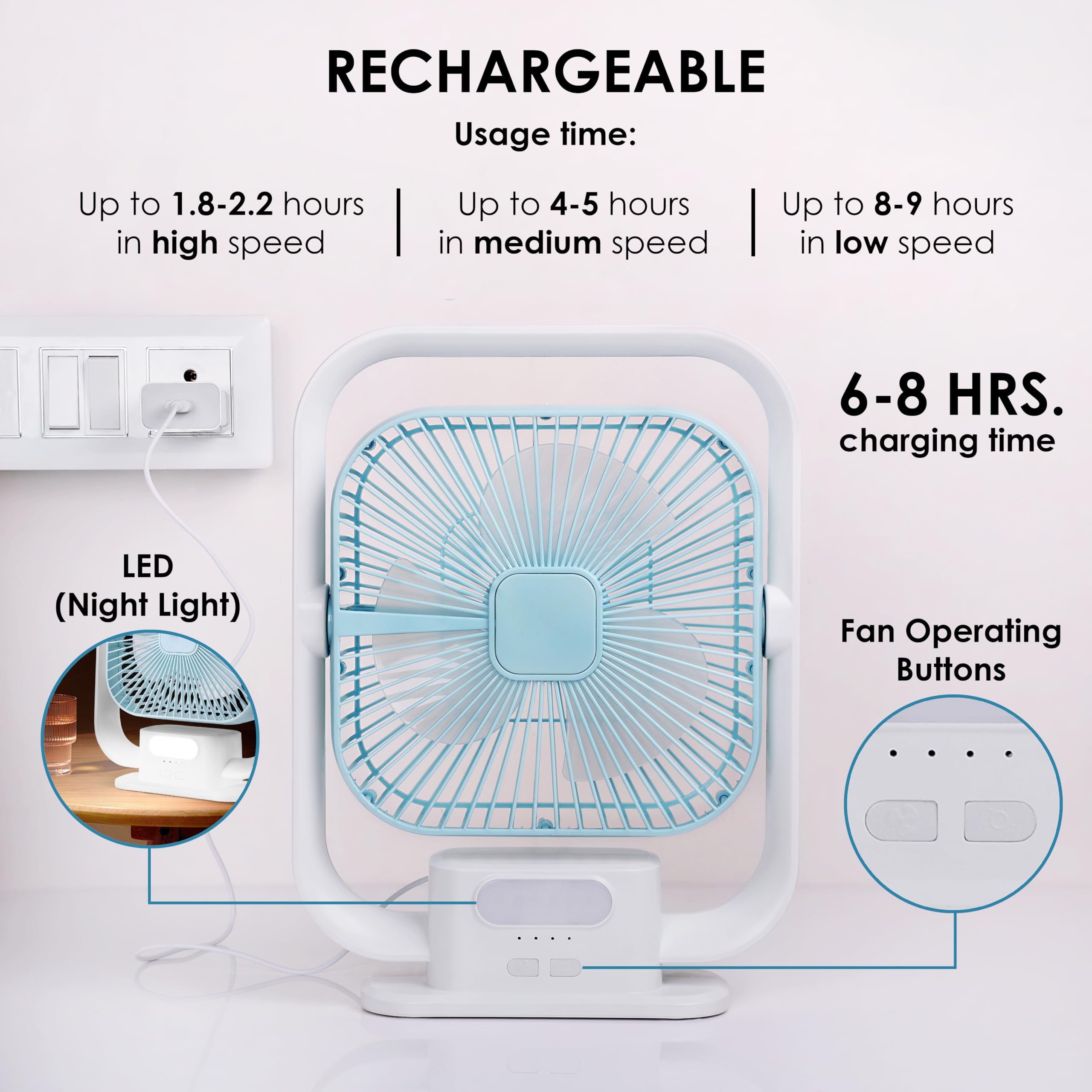 Gesto 9.6 Inch High Speed Rechargeable Table Fan for Home – USB Charging Battery Fan With Led Light | 3000mAh Battery for Upto 8 Hours Runtime | 3 Speed Modes Portable fan for Home,Office,Desk,Kitchen