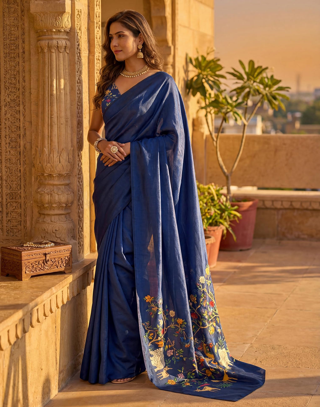 SIRIL Women's Silk Printed One Minute Ready To Wear Saree With Unstitched Blouse Piece(93RS309_Navy Blue)